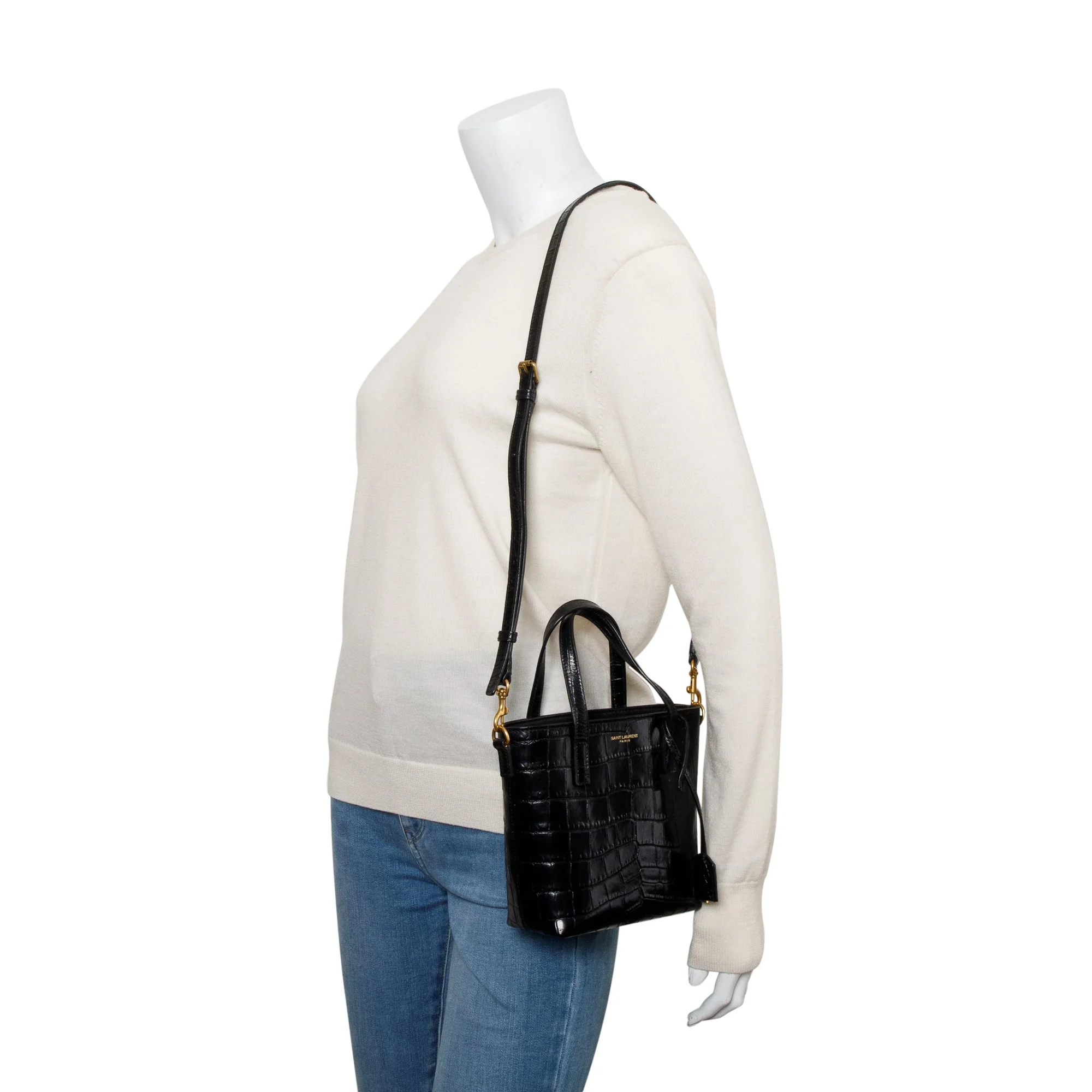 Saint Laurent 2023 Black Croc-Embossed Mini Toy Shopping Tote w/ Strap - Image 2