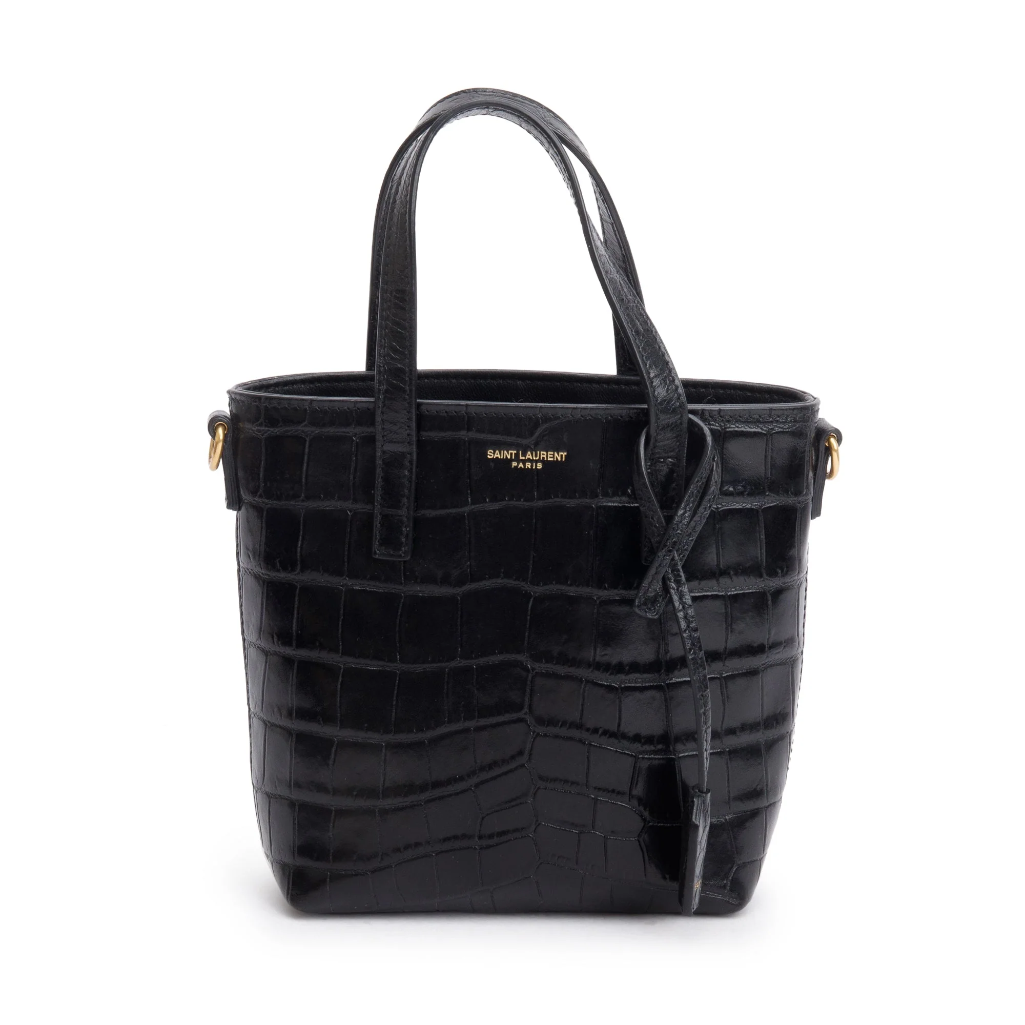 Saint Laurent 2023 Black Croc-Embossed Mini Toy Shopping Tote w/ Strap - Image 3