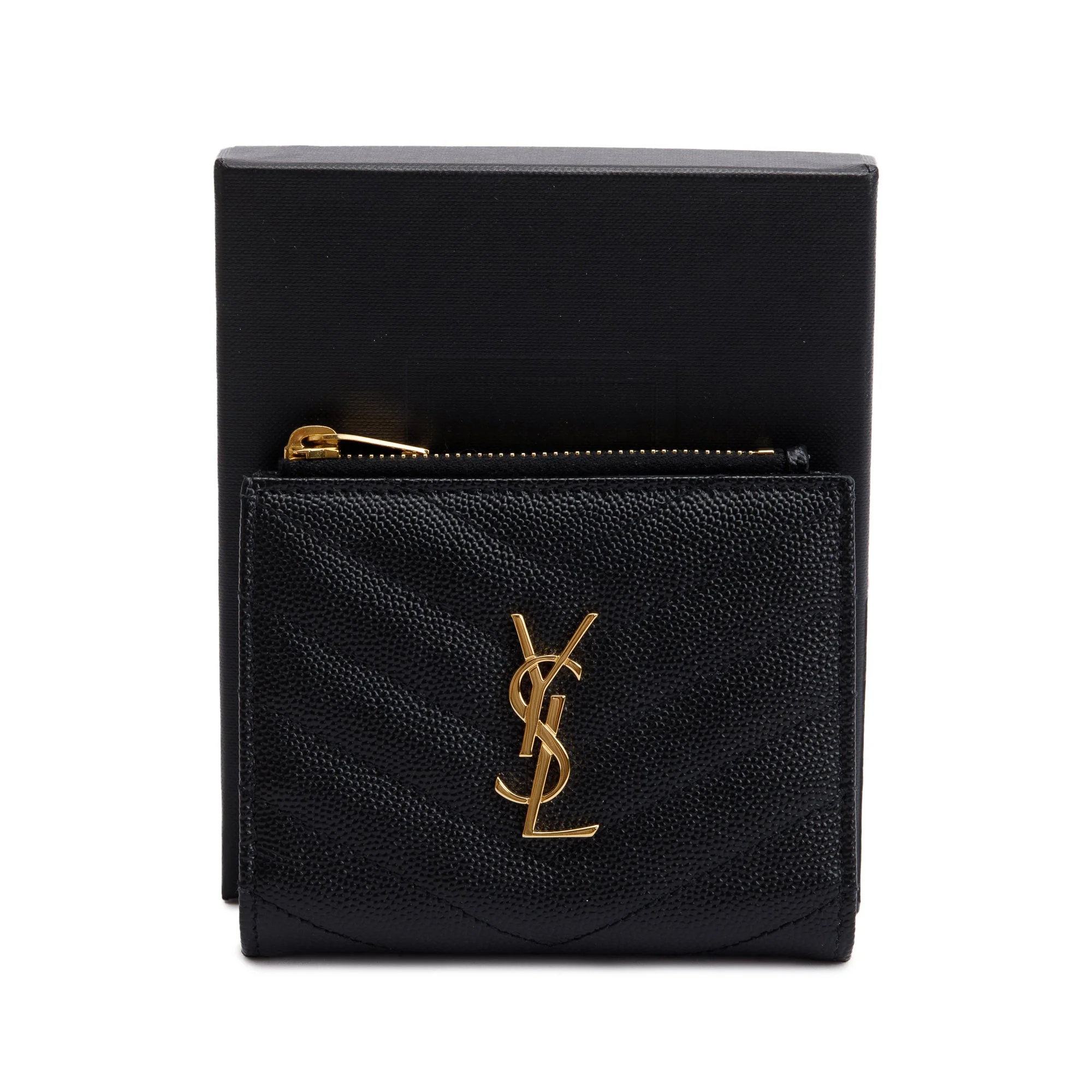 Saint Laurent 2023 Black Grain de Poudre Leather Cassandre Matelasse Bi-Fold Wallet w/ Box - Image 2