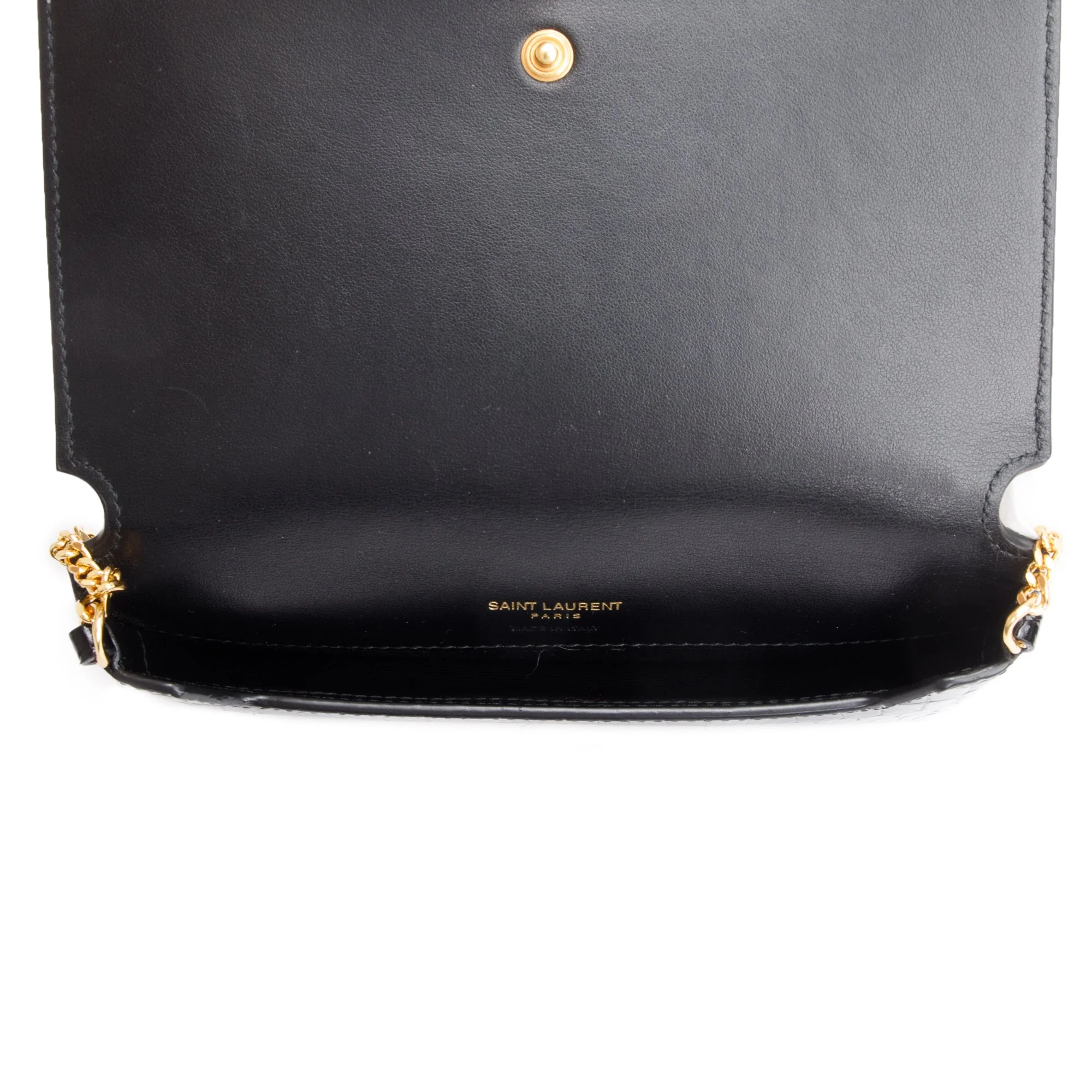 Saint Laurent 2023 Black Shiny Crocodile Embossed Leather Cassandre Phone Holder Bag w/ Box - Image 4