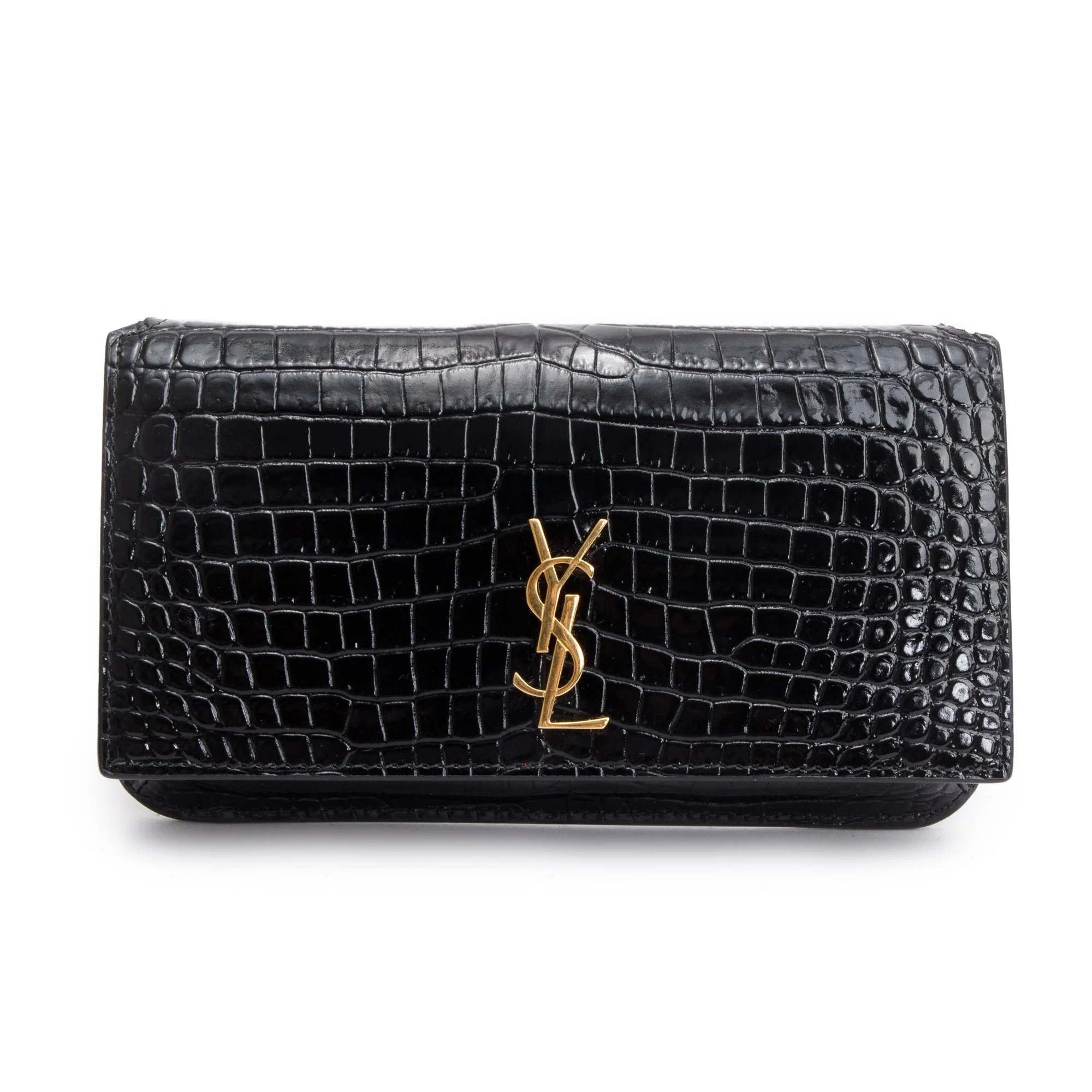 Saint Laurent 2023 Black Shiny Crocodile Embossed Leather Cassandre Phone Holder Bag w/ Box - Image 7