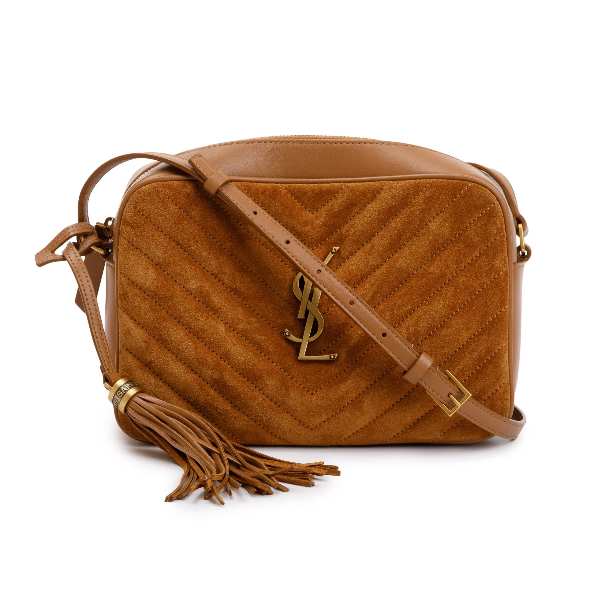 Saint Laurent 2023 Brown Quilted Suede & Smooth Leather Lou Camera Bag w/ Box