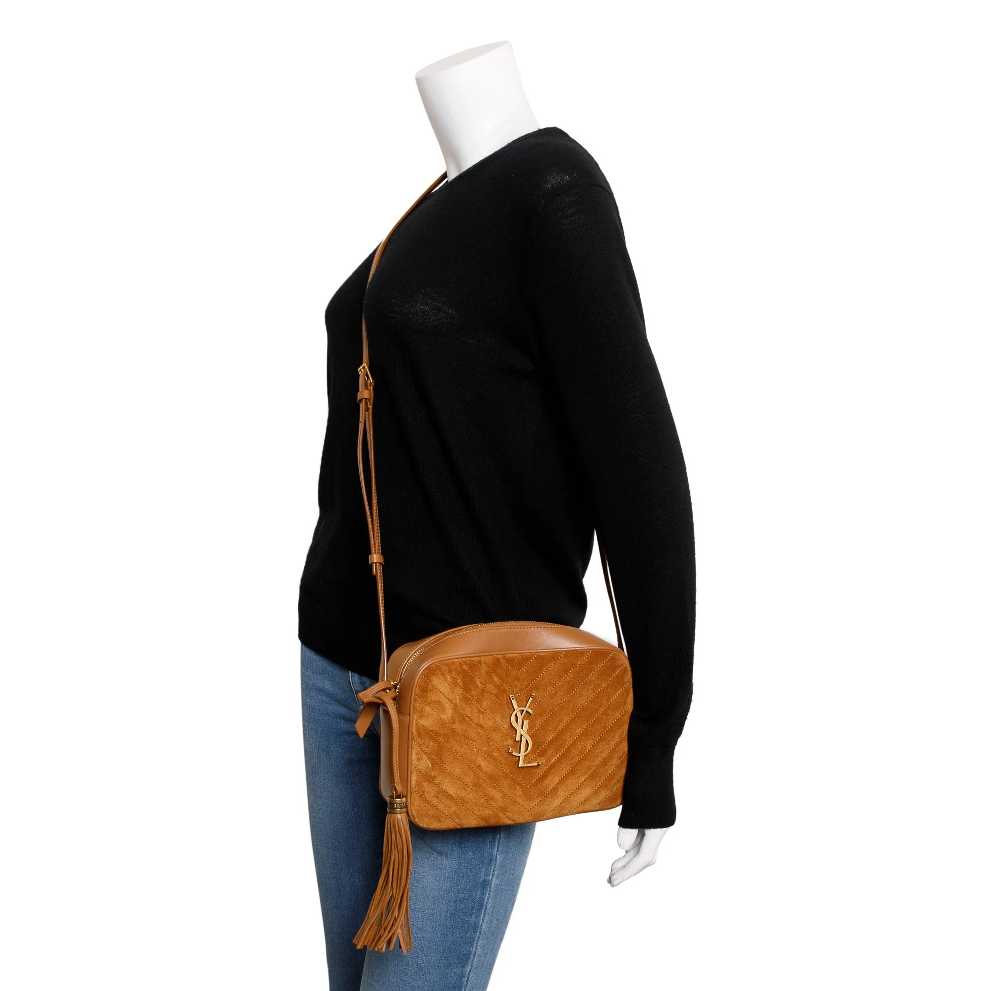 Saint Laurent 2023 Brown Quilted Suede & Smooth Leather Lou Camera Bag w/ Box - Image 2
