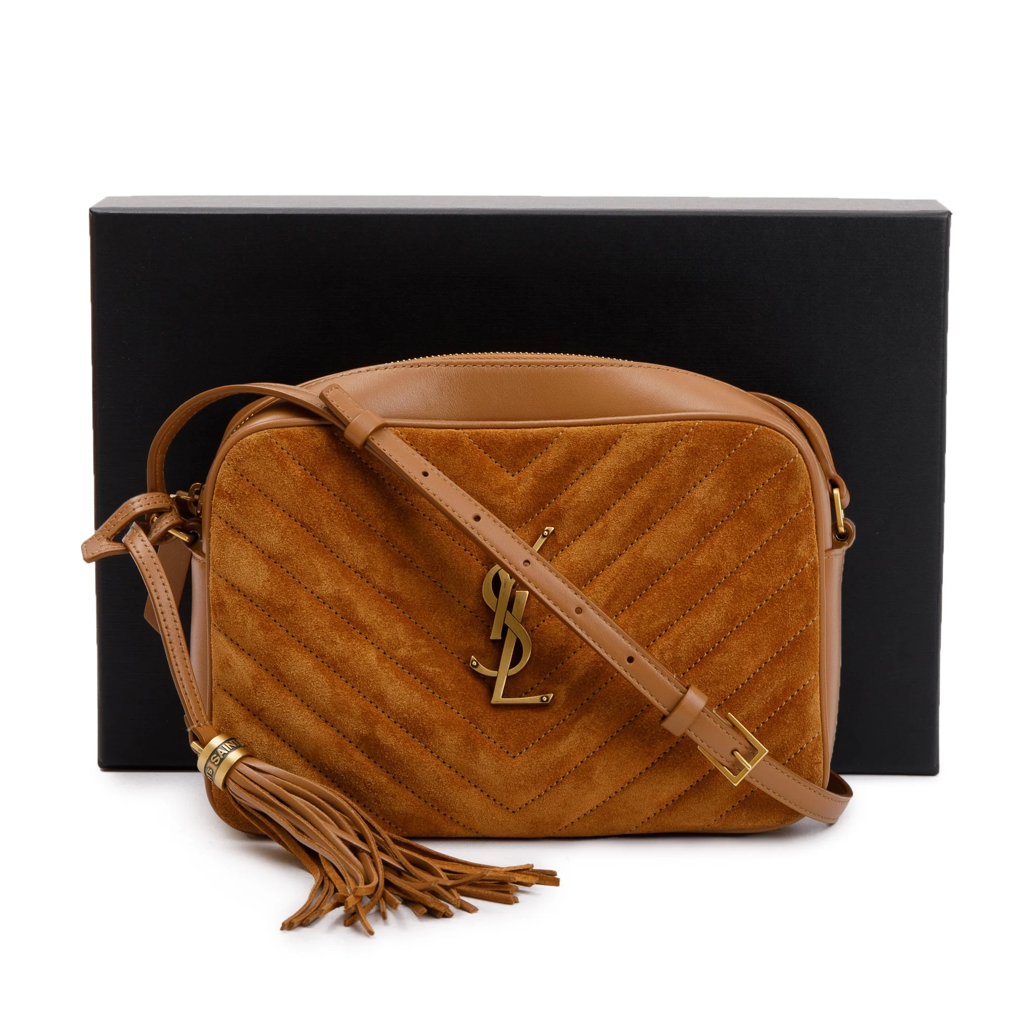Saint Laurent 2023 Brown Quilted Suede & Smooth Leather Lou Camera Bag w/ Box - Image 3