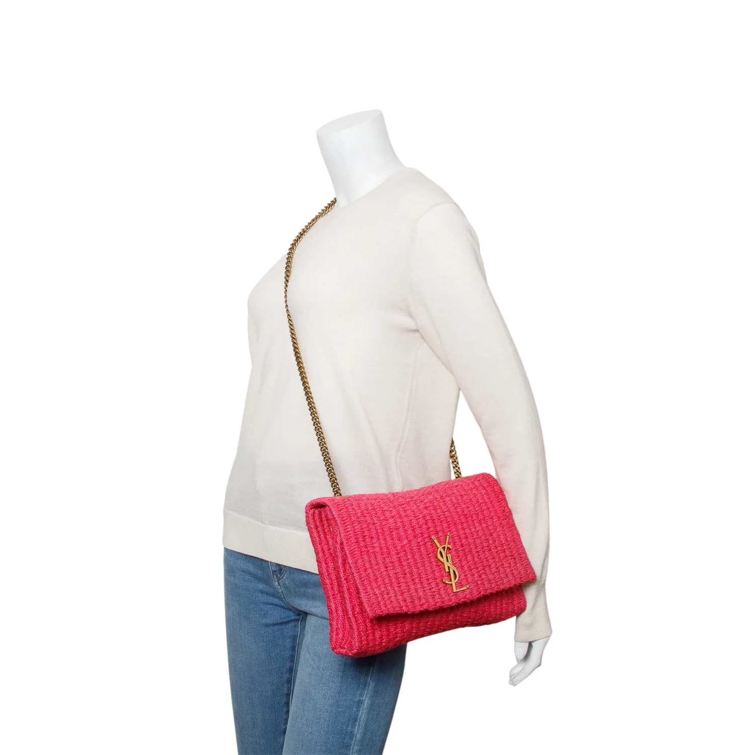 Saint Laurent 2023 Pink Raffia Medium Kate Chain Bag - Image 2
