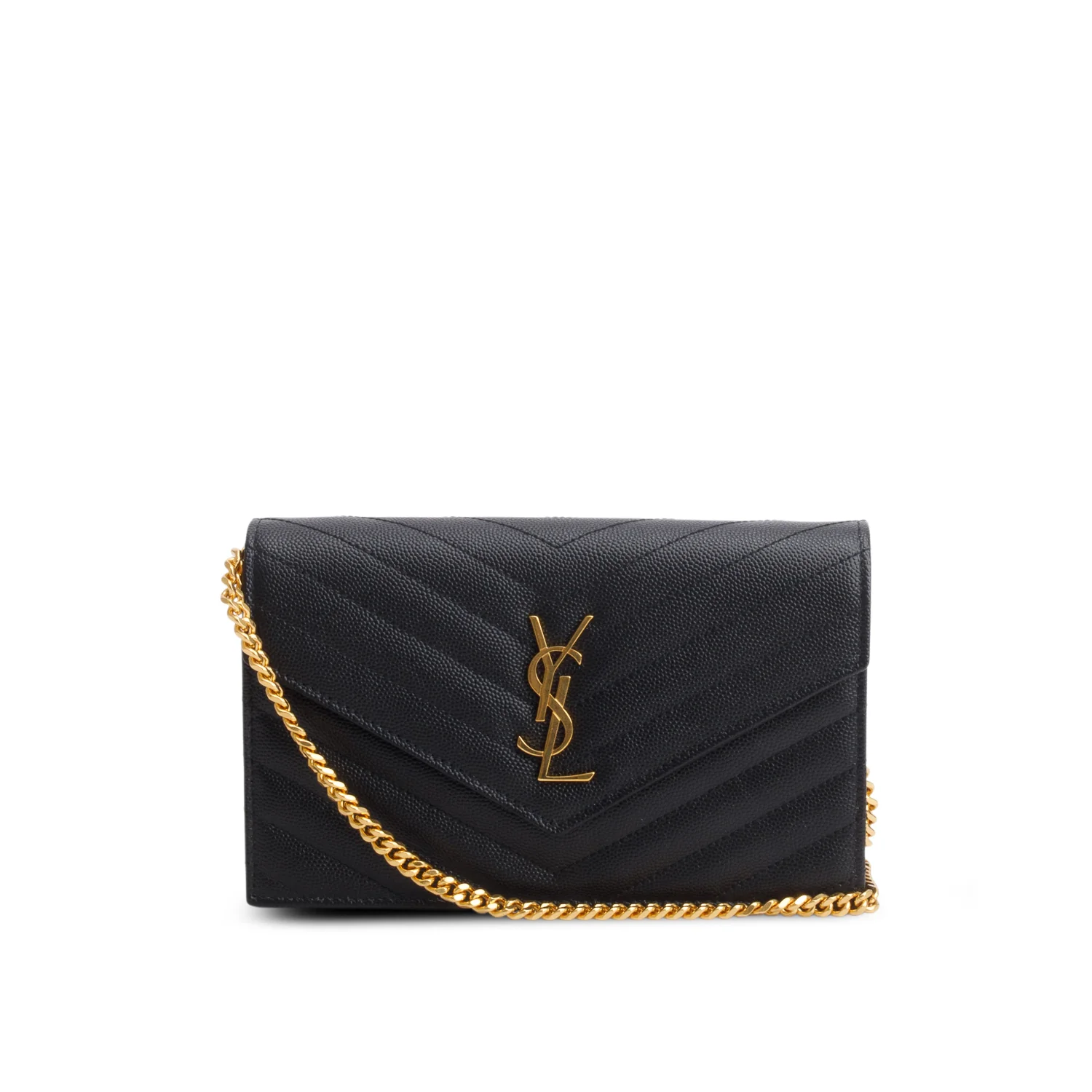 Saint Laurent 2024 Black Grain de Poudre Matelasse Chevron Monogram Chain Wallet w/ Box & Receipt