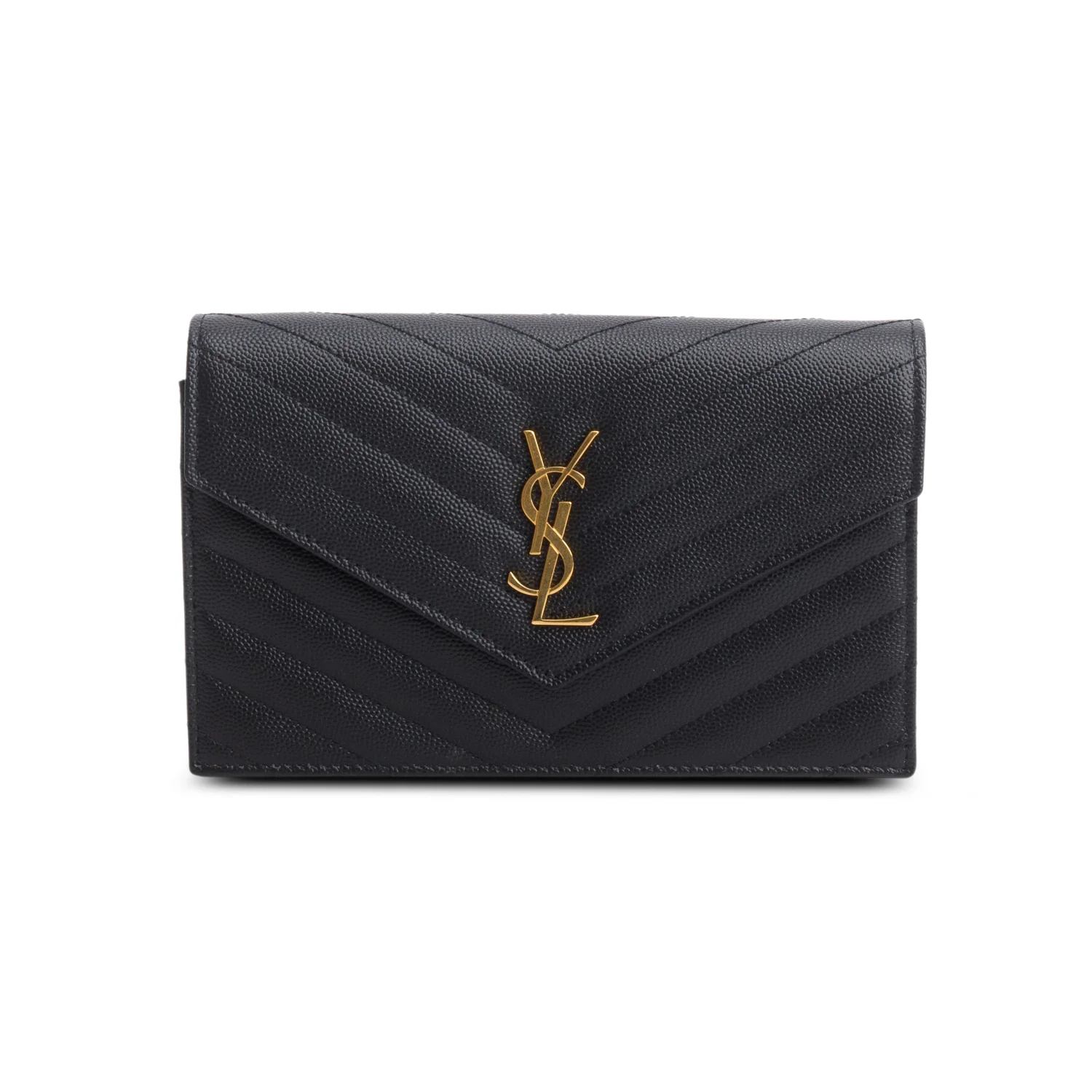 Saint Laurent 2024 Black Grain de Poudre Matelasse Chevron Monogram Chain Wallet w/ Box & Receipt - Image 4
