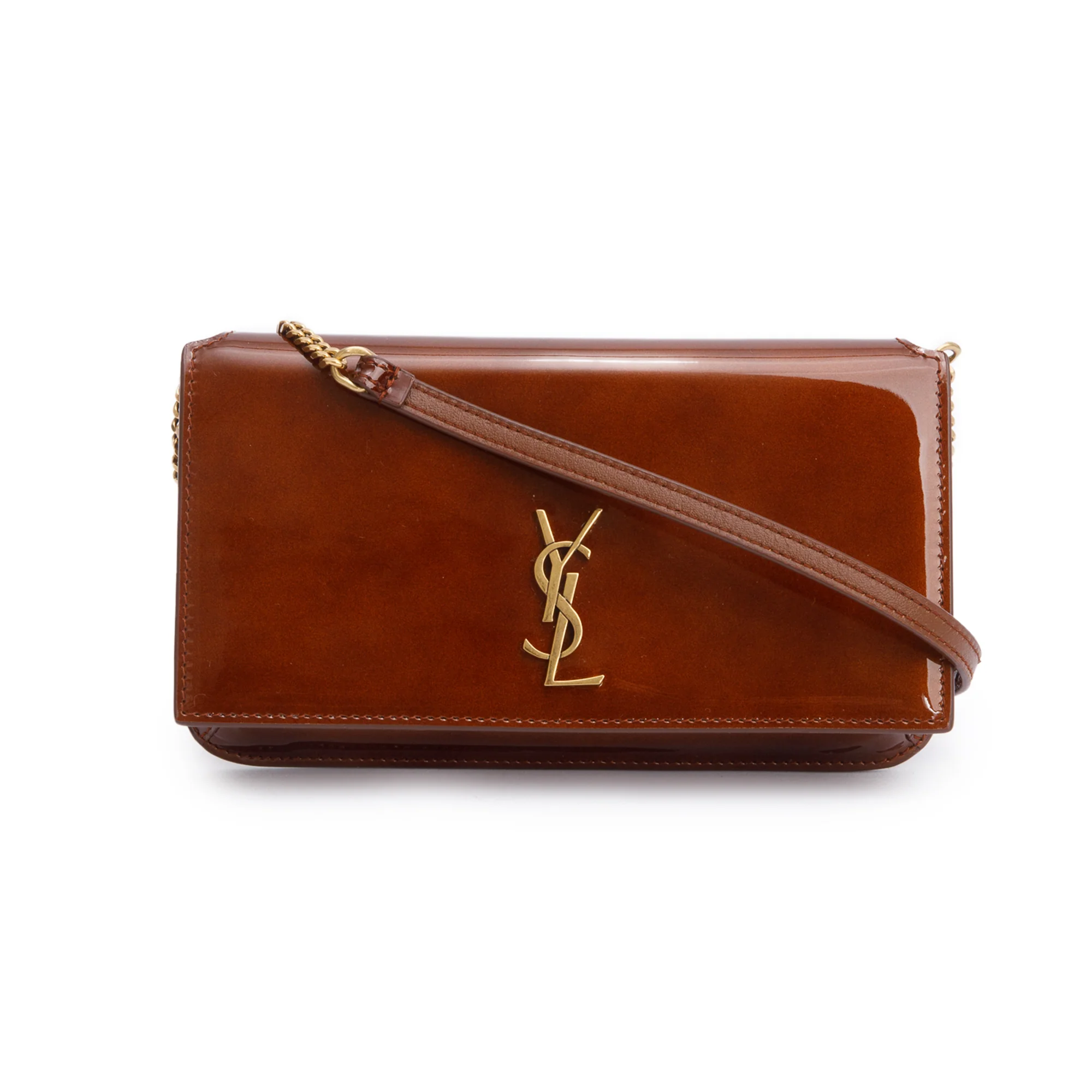 Saint Laurent 2024 Brown Patent Leather Cassandre Phone Holder w/ Box