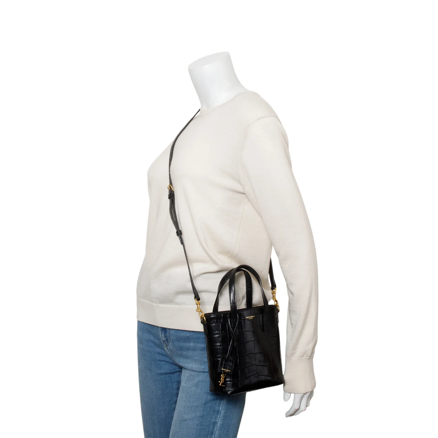 Saint Laurent 2025 Black Croc Embossed Calfskin Mini Toy Shopper Tote w/ Strap - Image 2