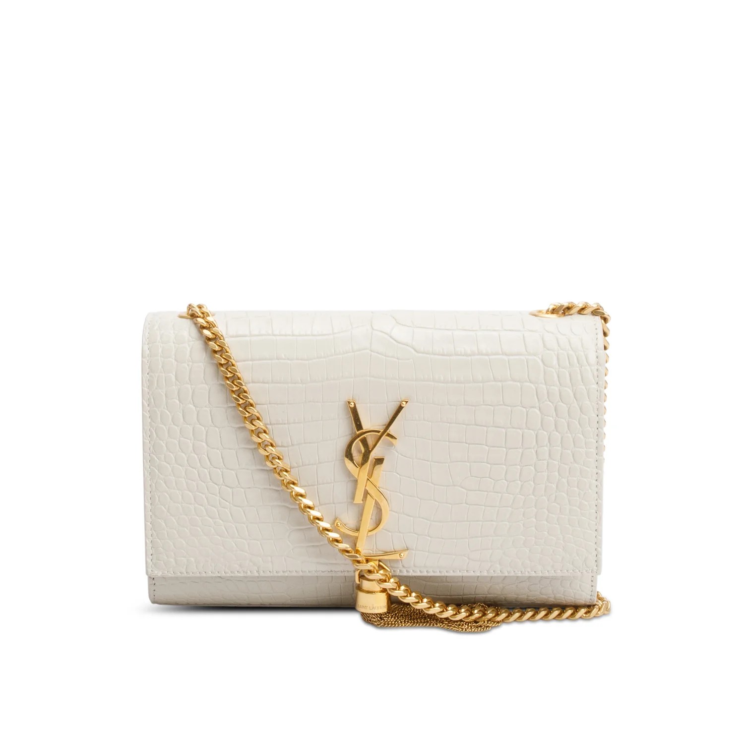 Saint Laurent 2025 White Crocodile-Embossed Leather Small Classic Monogram Kate Tassel Chain Bag w/ Box