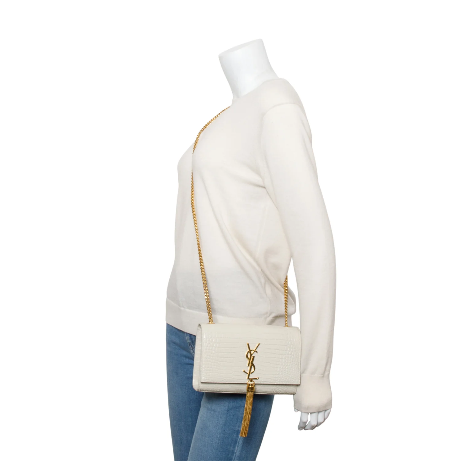 Saint Laurent 2025 White Crocodile-Embossed Leather Small Classic Monogram Kate Tassel Chain Bag w/ Box - Image 2