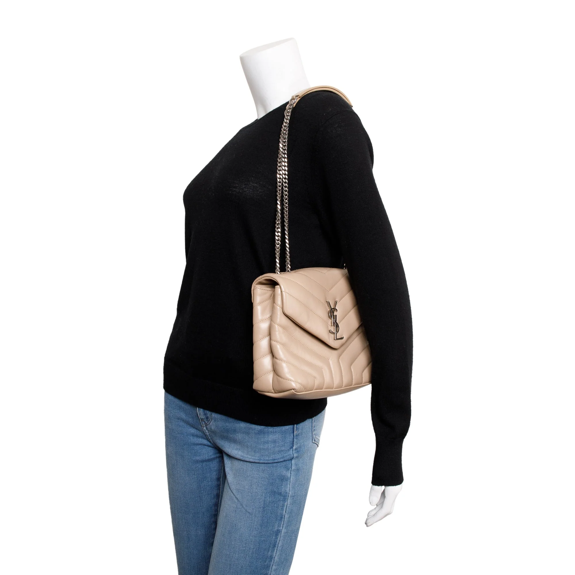 Saint Laurent Beige Calfskin Leather Small Loulou Chain Shoulder Bag - Image 2