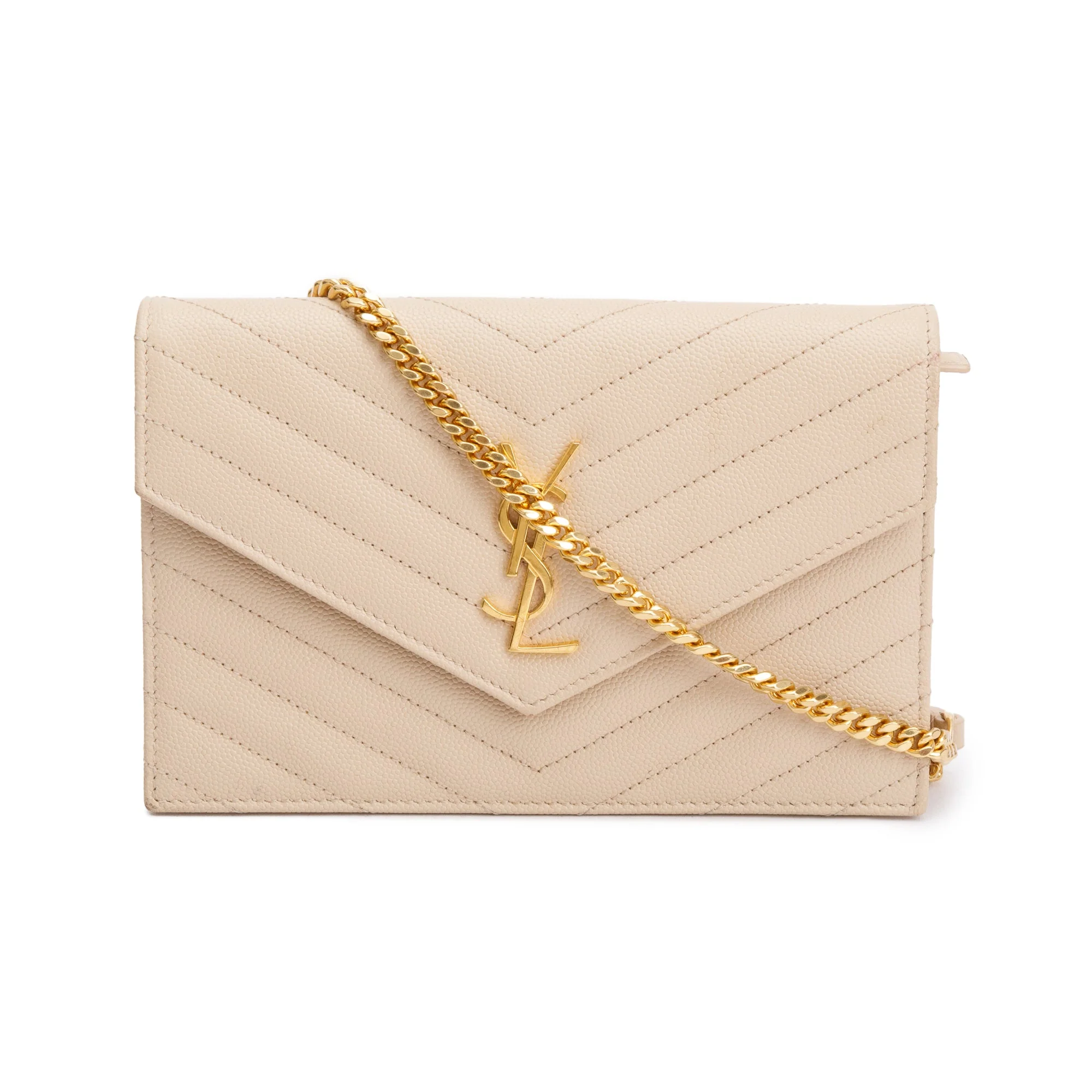 Saint Laurent Beige Grain De Poudre Leather Cassandre Envelope Chain Wallet