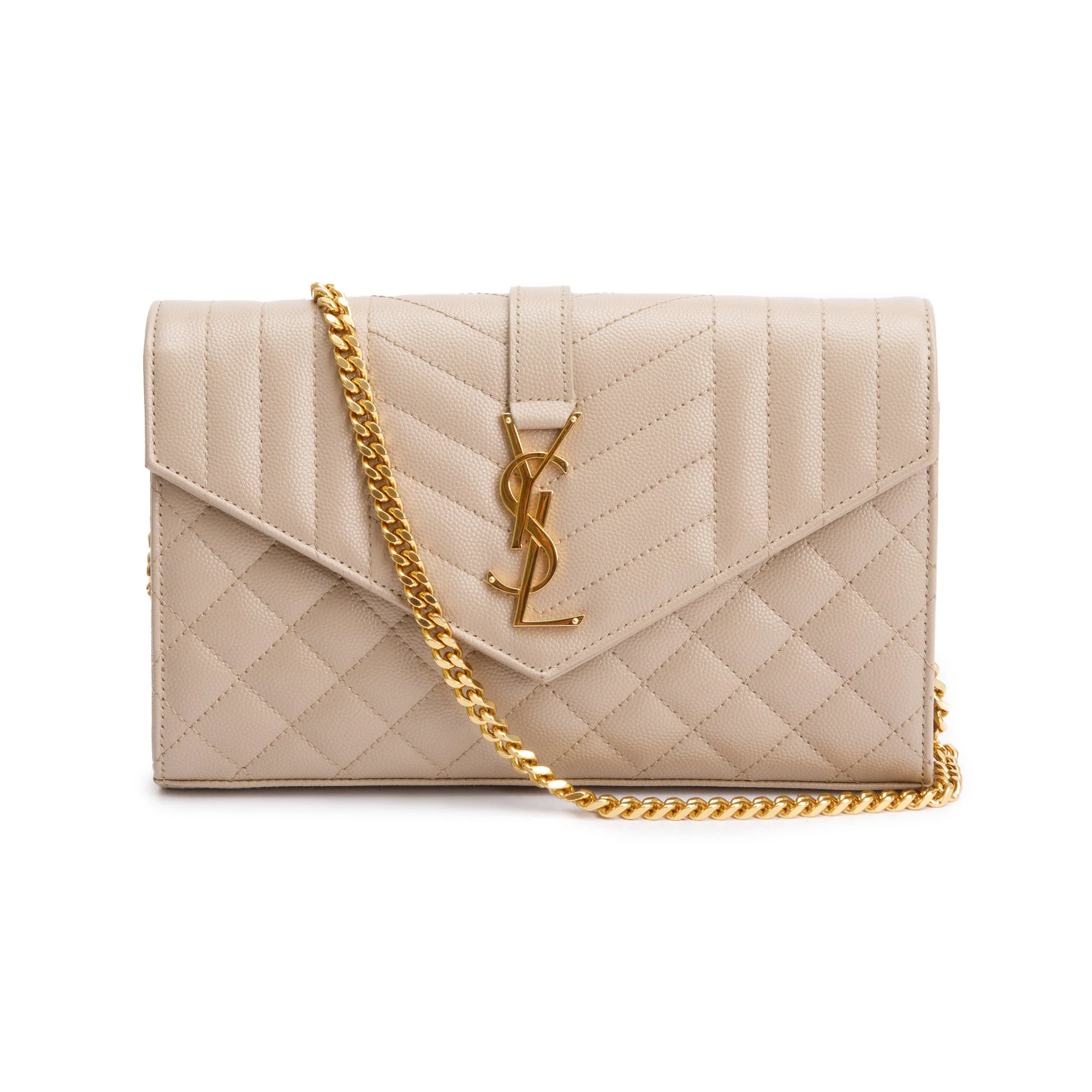 Saint Laurent Beige Mix Matelasse Grain De Poudre Leather Envelope Chain Wallet w/ Box