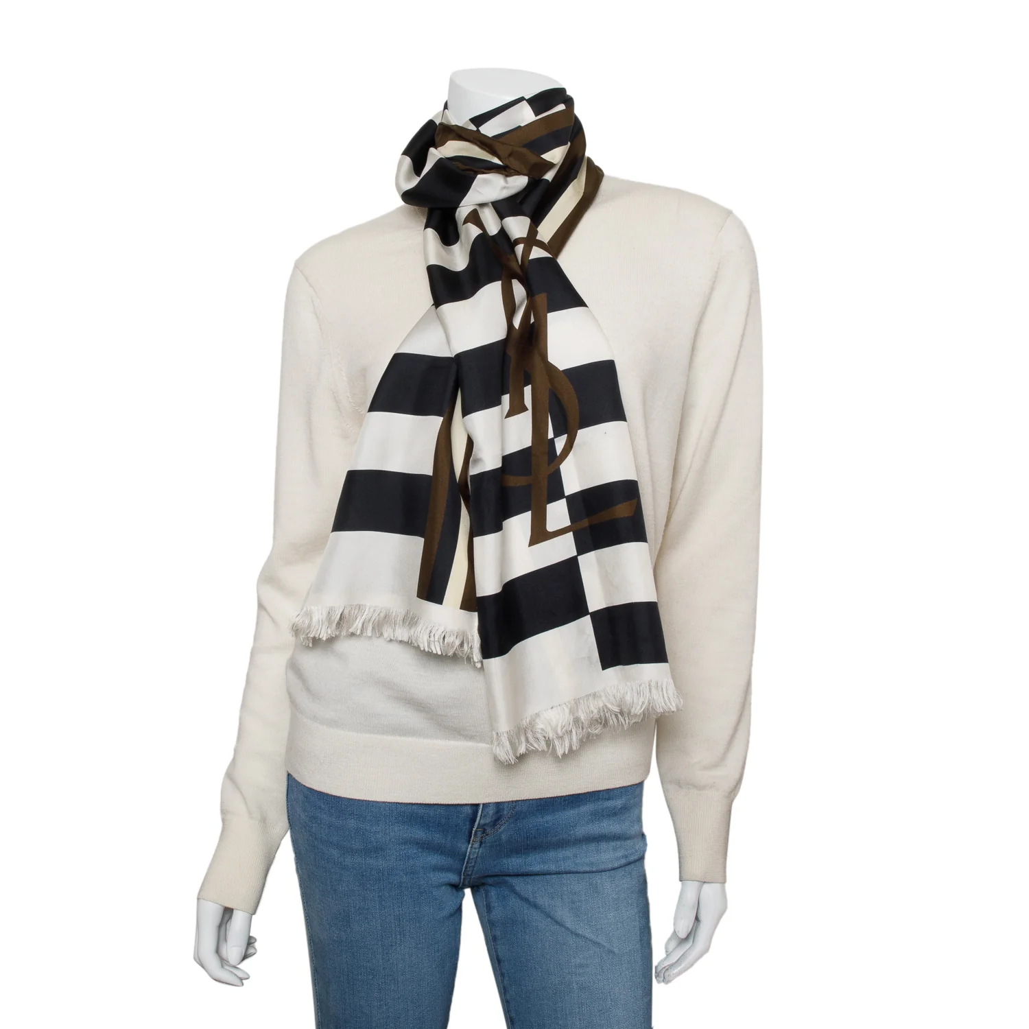 Saint Laurent Black/Brown/White Logo Striped Print Silk Scarf - Image 5