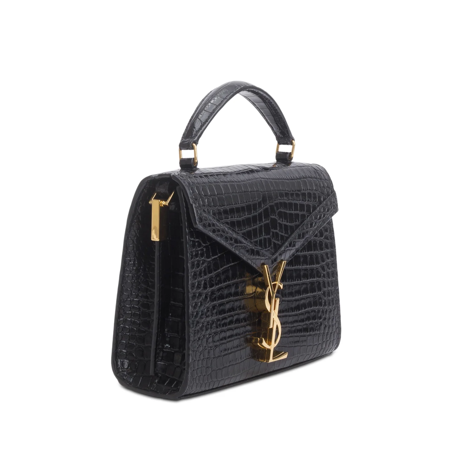 Saint Laurent Black Calfskin Croc Embossed Mini Classic Monogram Cassandre Top Handle w/ Strap - Image 4