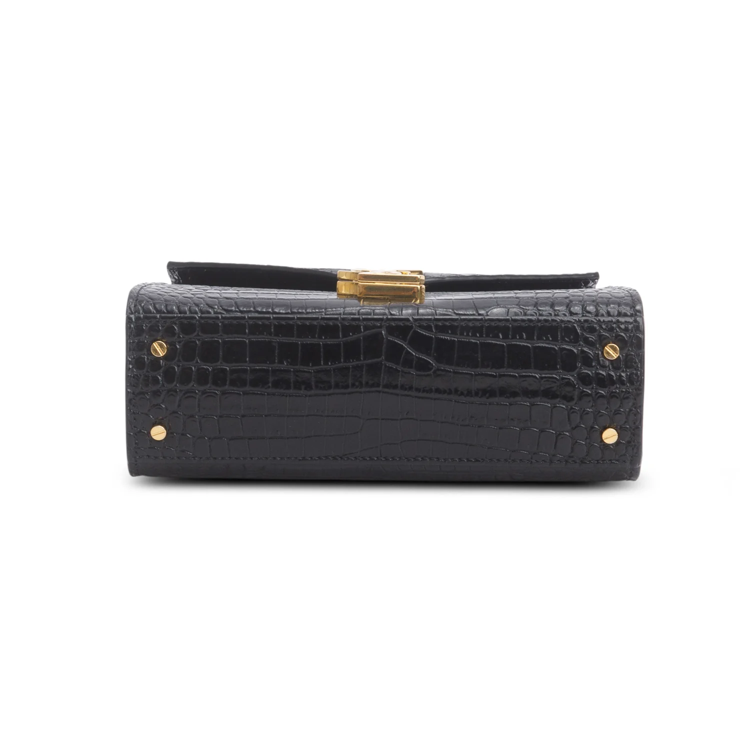 Saint Laurent Black Calfskin Croc Embossed Mini Classic Monogram Cassandre Top Handle w/ Strap - Image 7