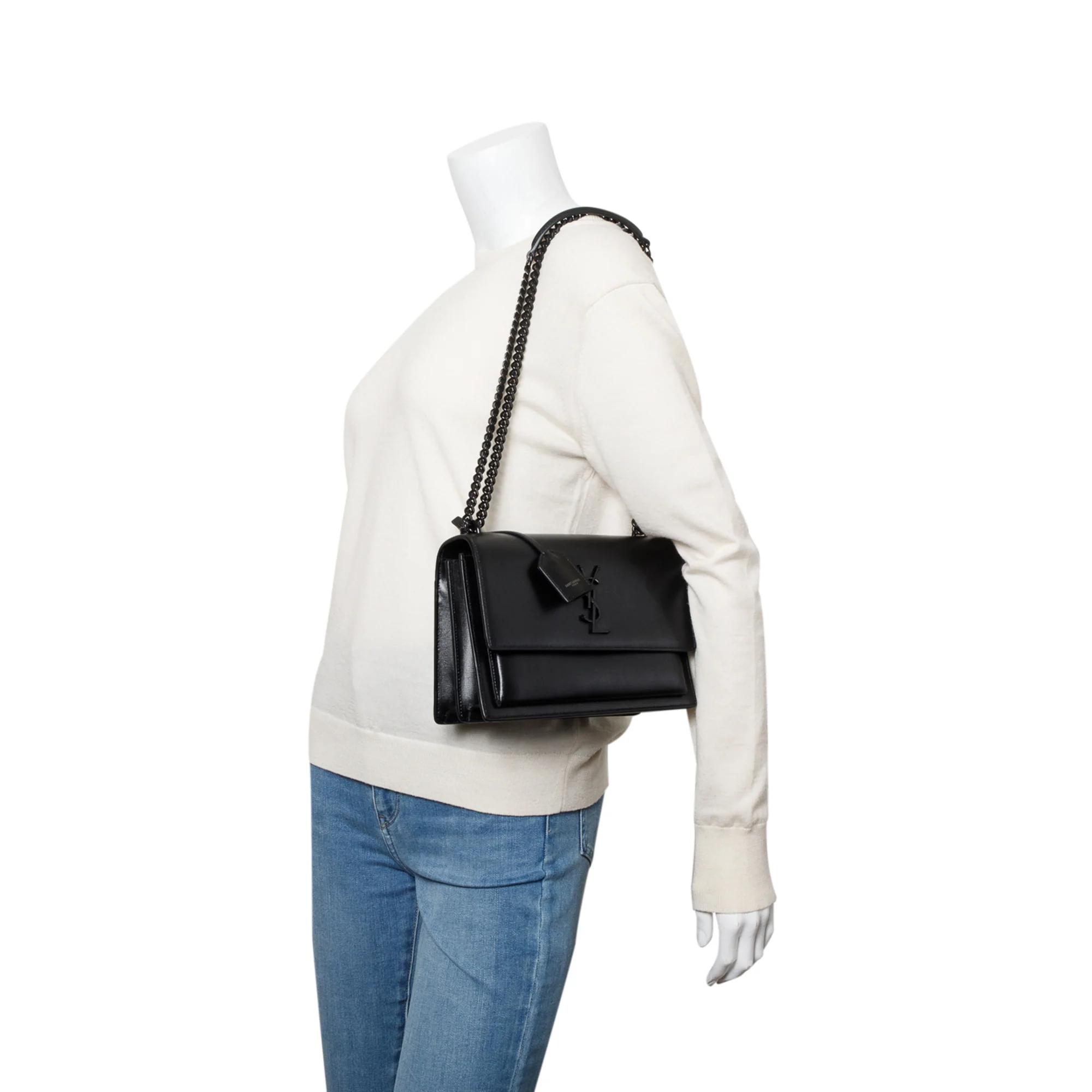 Saint Laurent Black Calfskin Leather Medium Sunset Shoulder Bag - Image 8