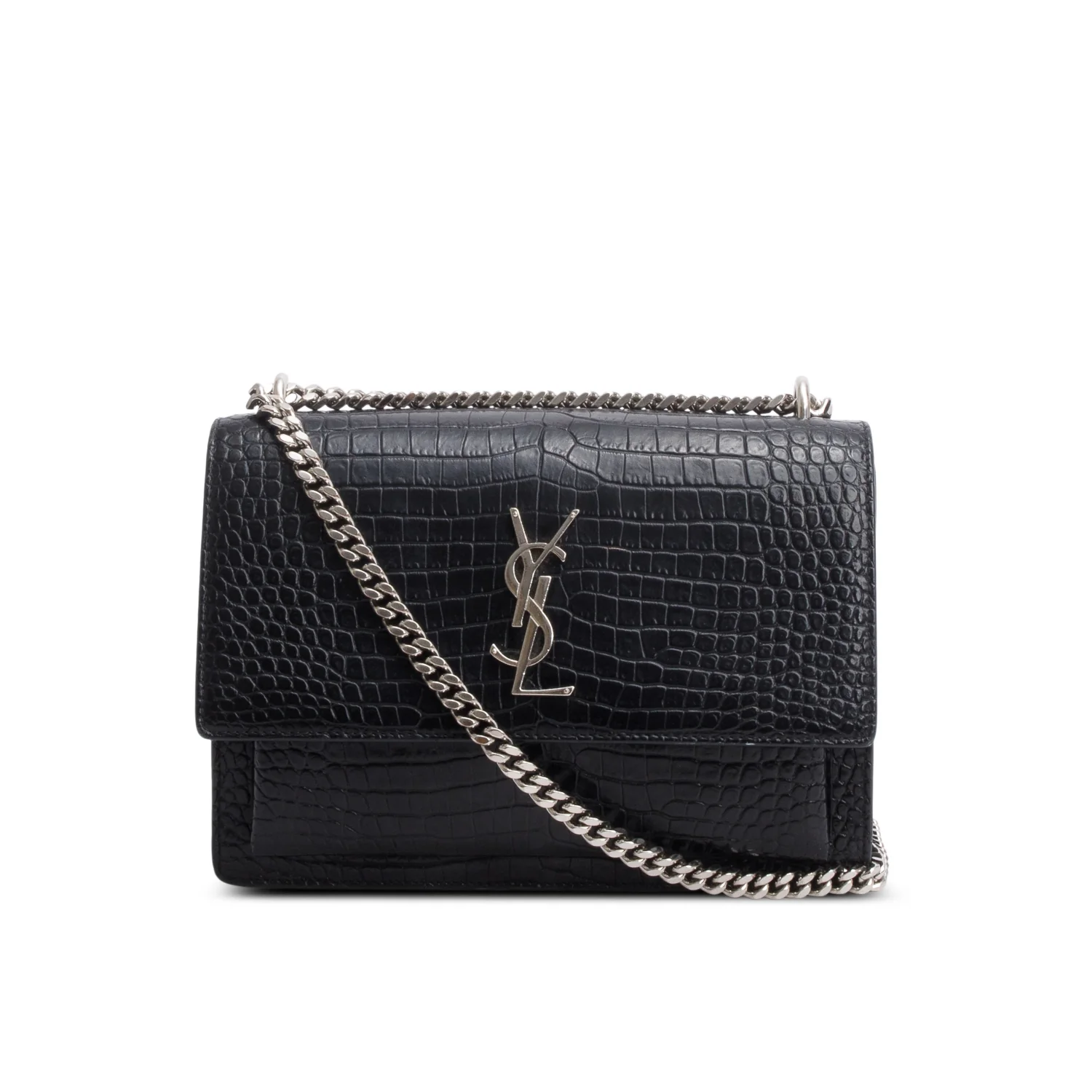 Saint Laurent Black Croc Embossed Calfskin Medium Sunset Bag