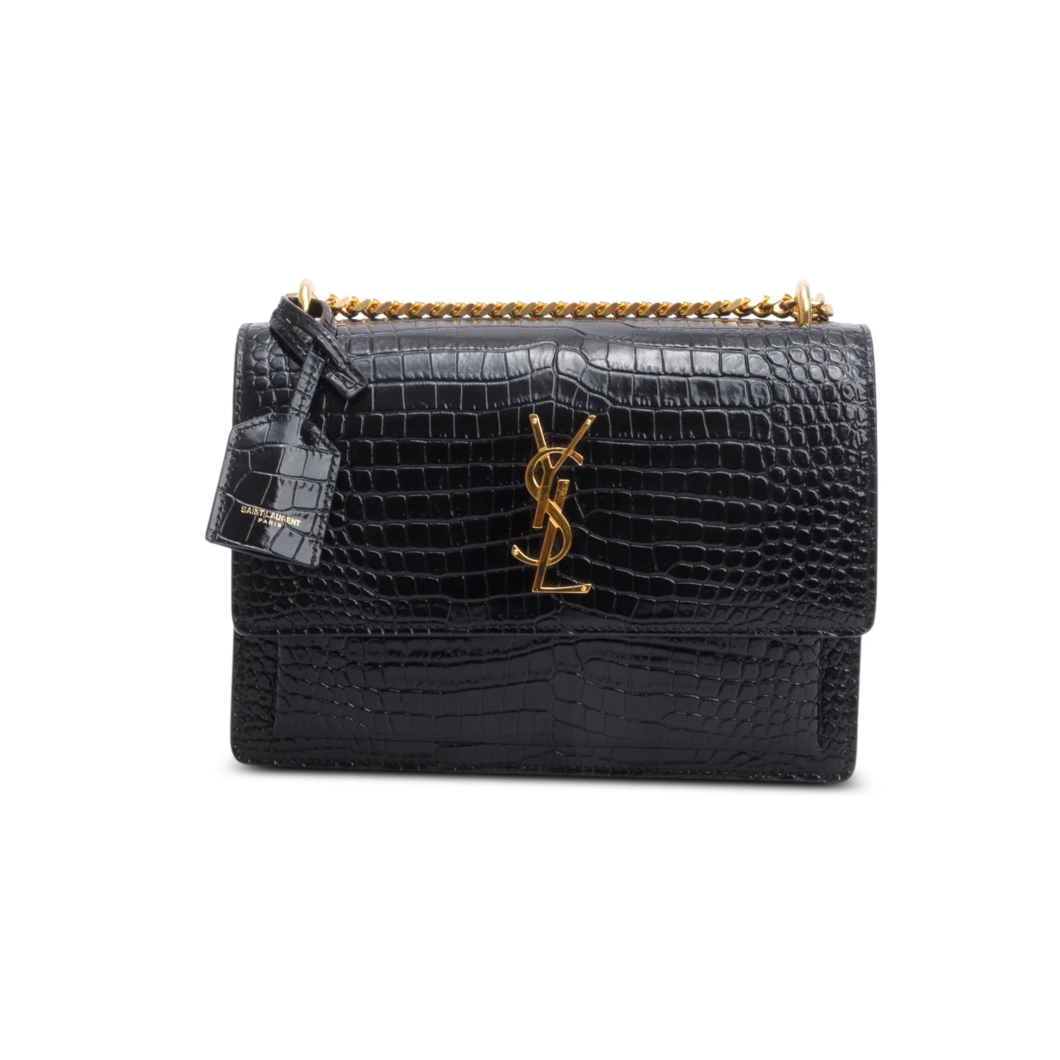 Saint Laurent Black Croc Embossed Calfskin Medium Sunset Bag - Image 3