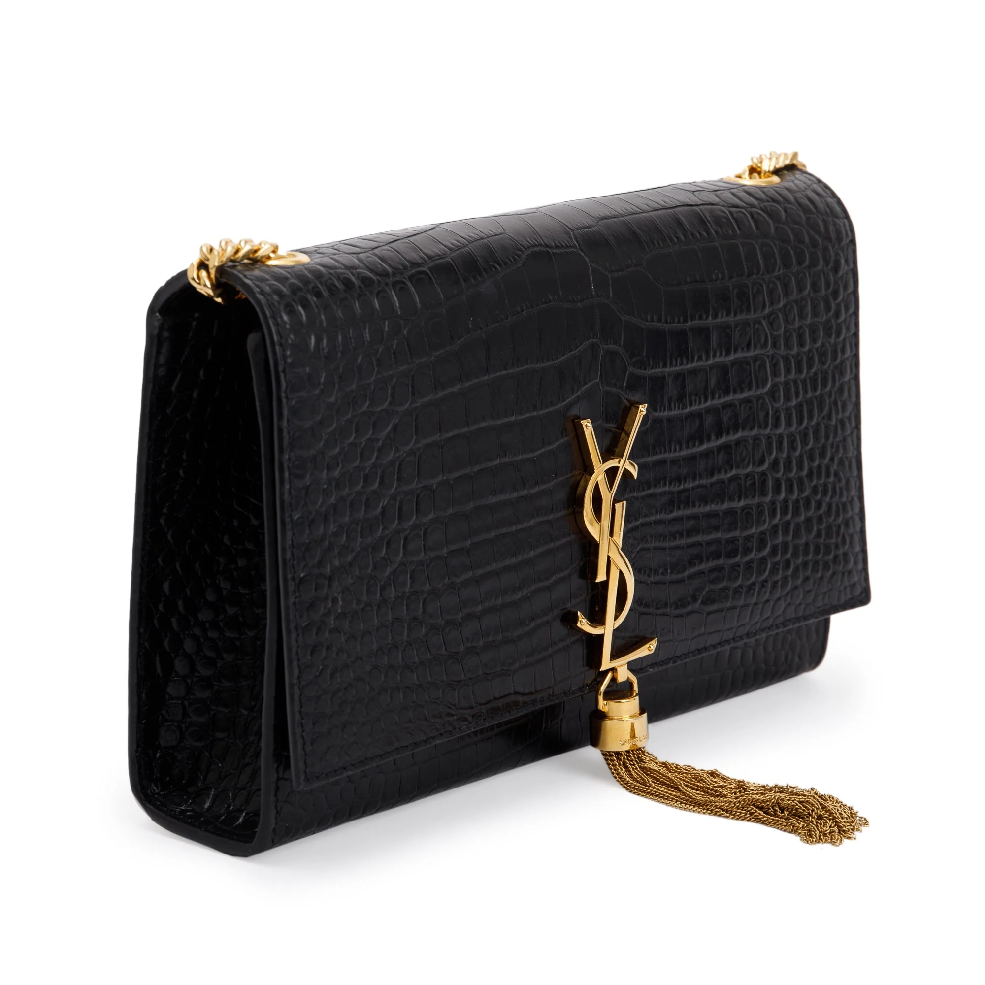 Saint Laurent Black Crocodile-Embossed Leather Medium Classic Monogram Kate Tassel Chain Bag - Image 4
