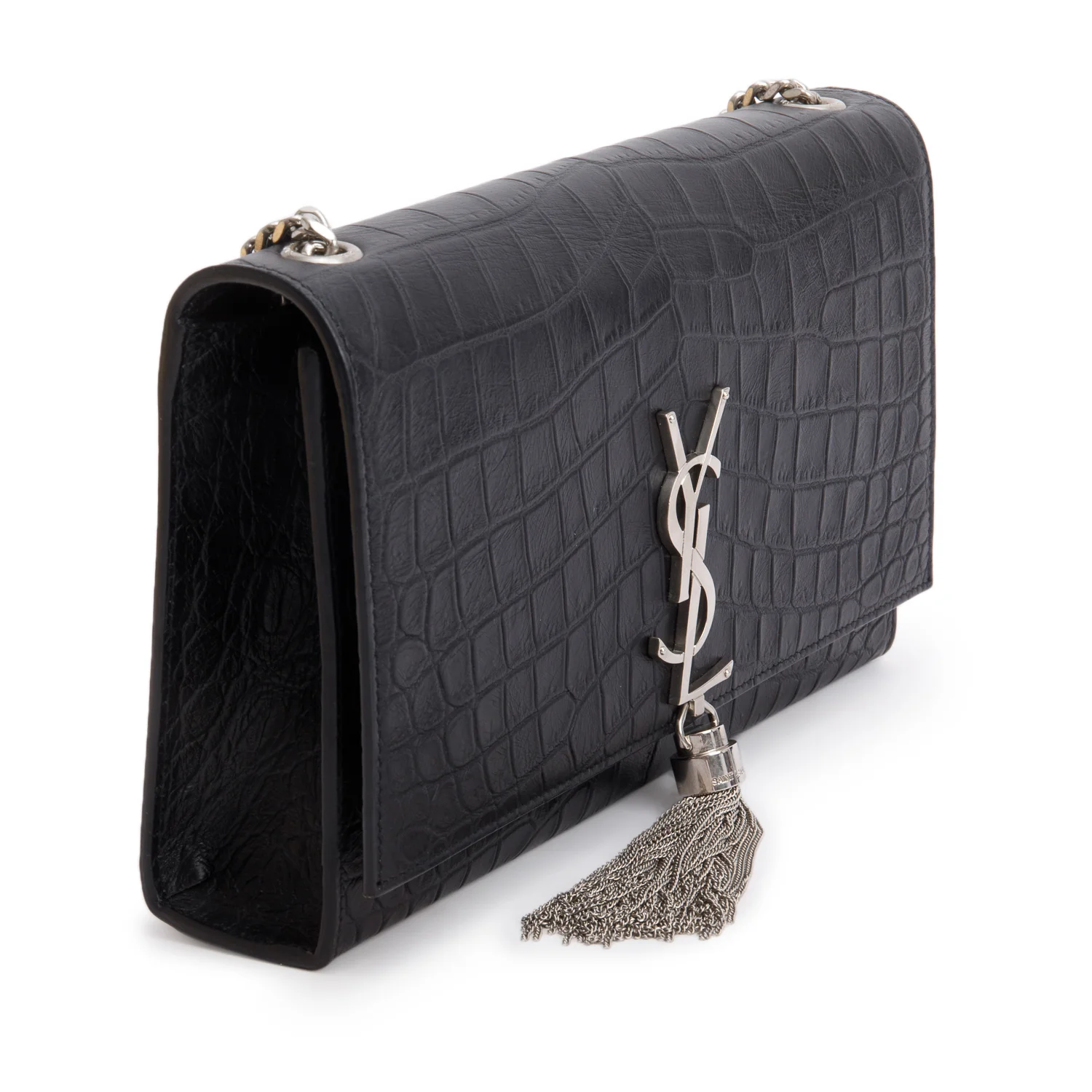 Saint Laurent Black Crocodile-Embossed Leather Medium Classic Monogram Kate Tassel Chain Bag - Image 3