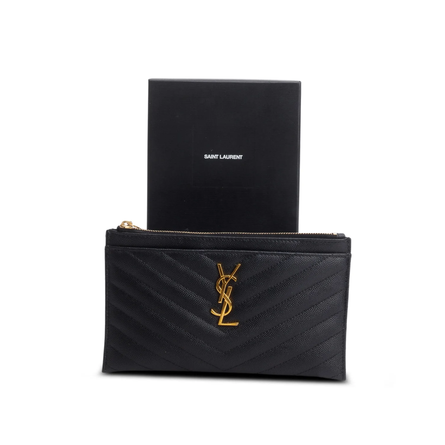 Saint Laurent Black Grain De Poudre Chevron Monogram Bill Pouch w/ Box & Receipt - Image 2