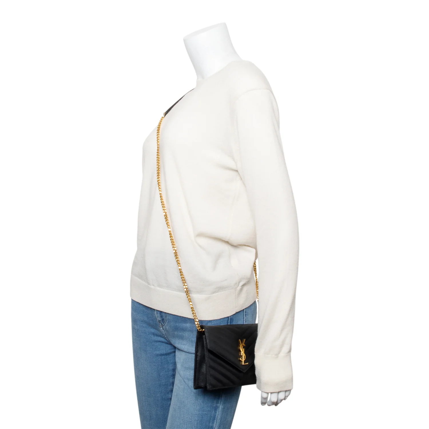 Saint Laurent Black Grain De Poudre Leather Cassandre Envelope Chain Wallet - Image 2