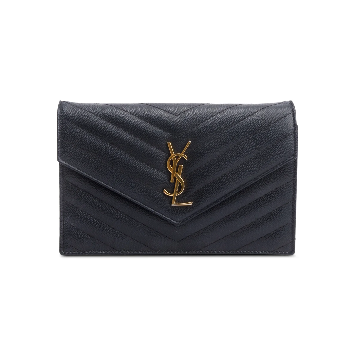 Saint Laurent Black Grain De Poudre Leather Cassandre Envelope Chain Wallet - Image 3