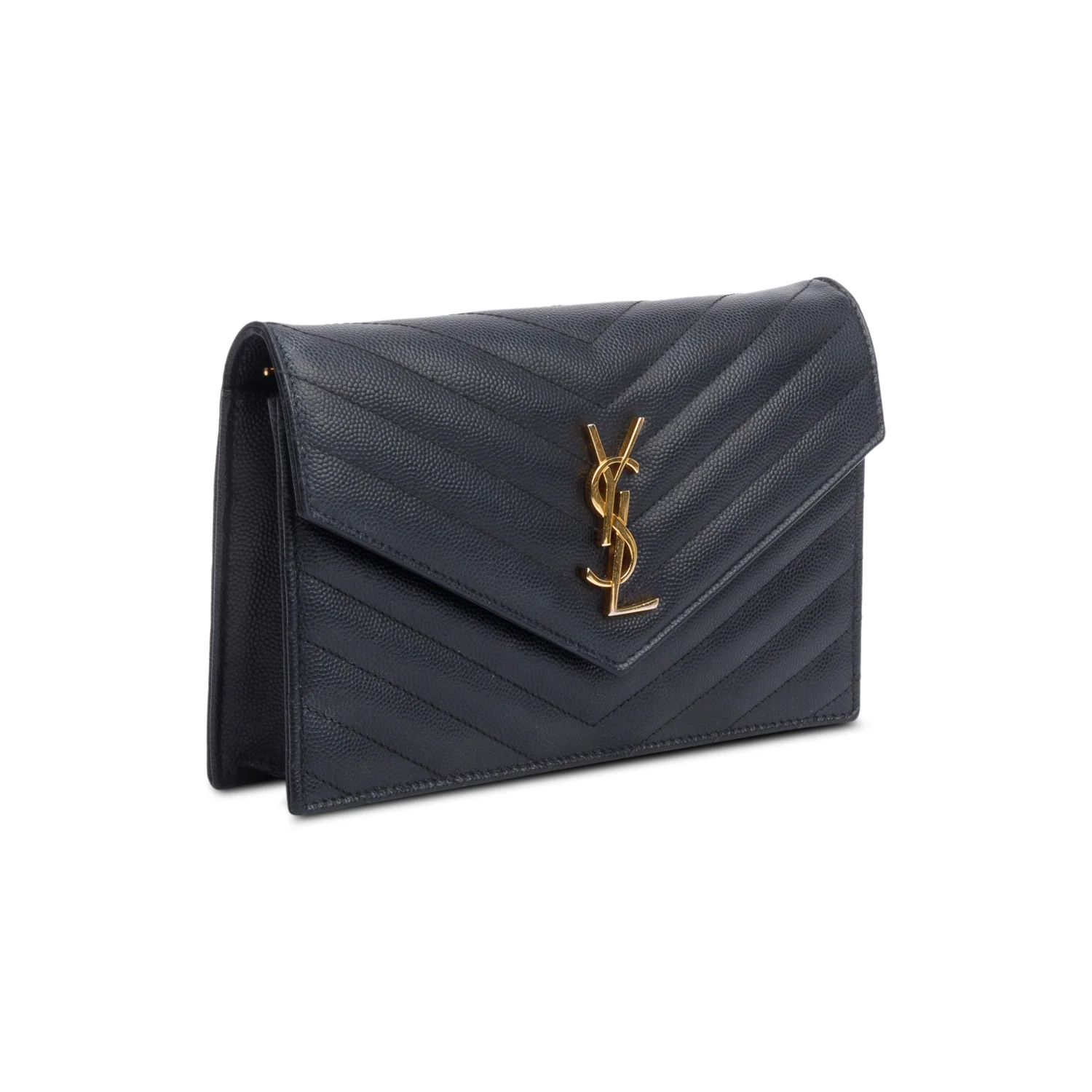 Saint Laurent Black Grain De Poudre Leather Cassandre Envelope Chain Wallet - Image 4
