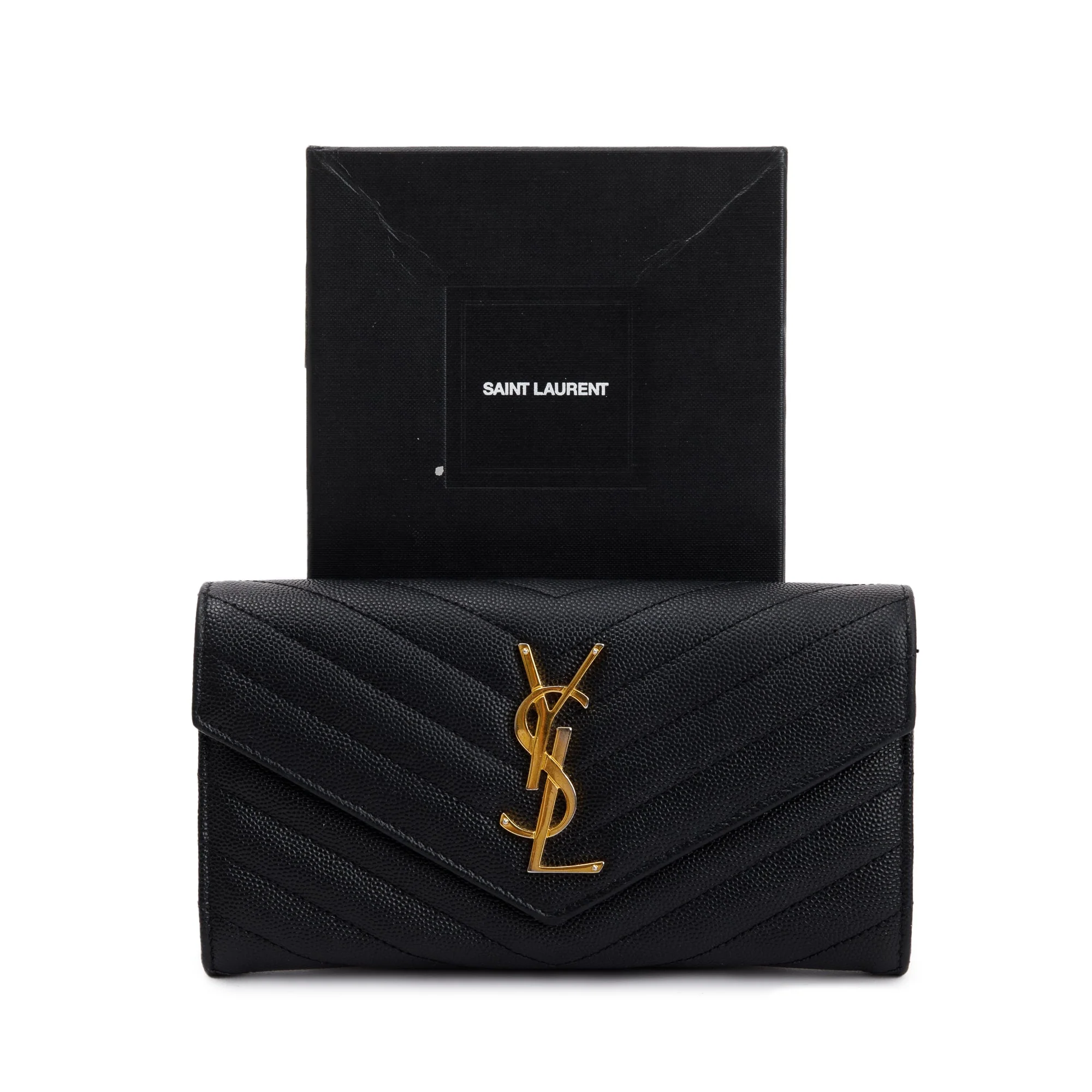 Saint Laurent Black Grain De Poudre Leather Cassandre Matelasse Large Flap Wallet w/ Box - Image 2