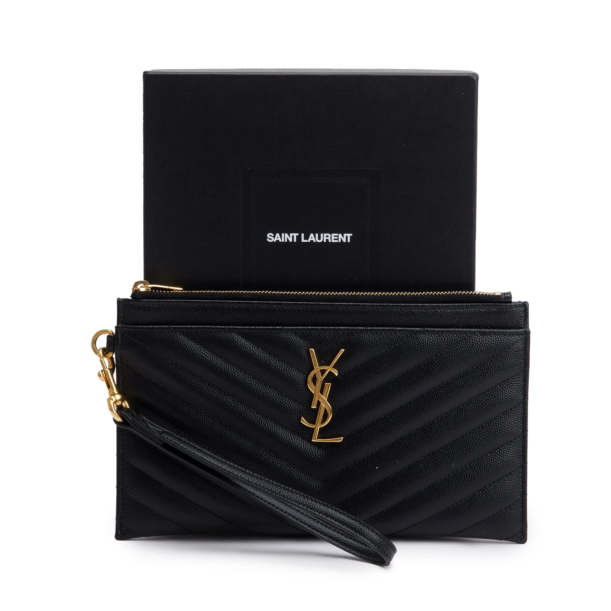 Saint Laurent Black Grain De Poudre Leather Cassandre Matelasse Large Zipped Pouch w/ Stap & Box - Image 2