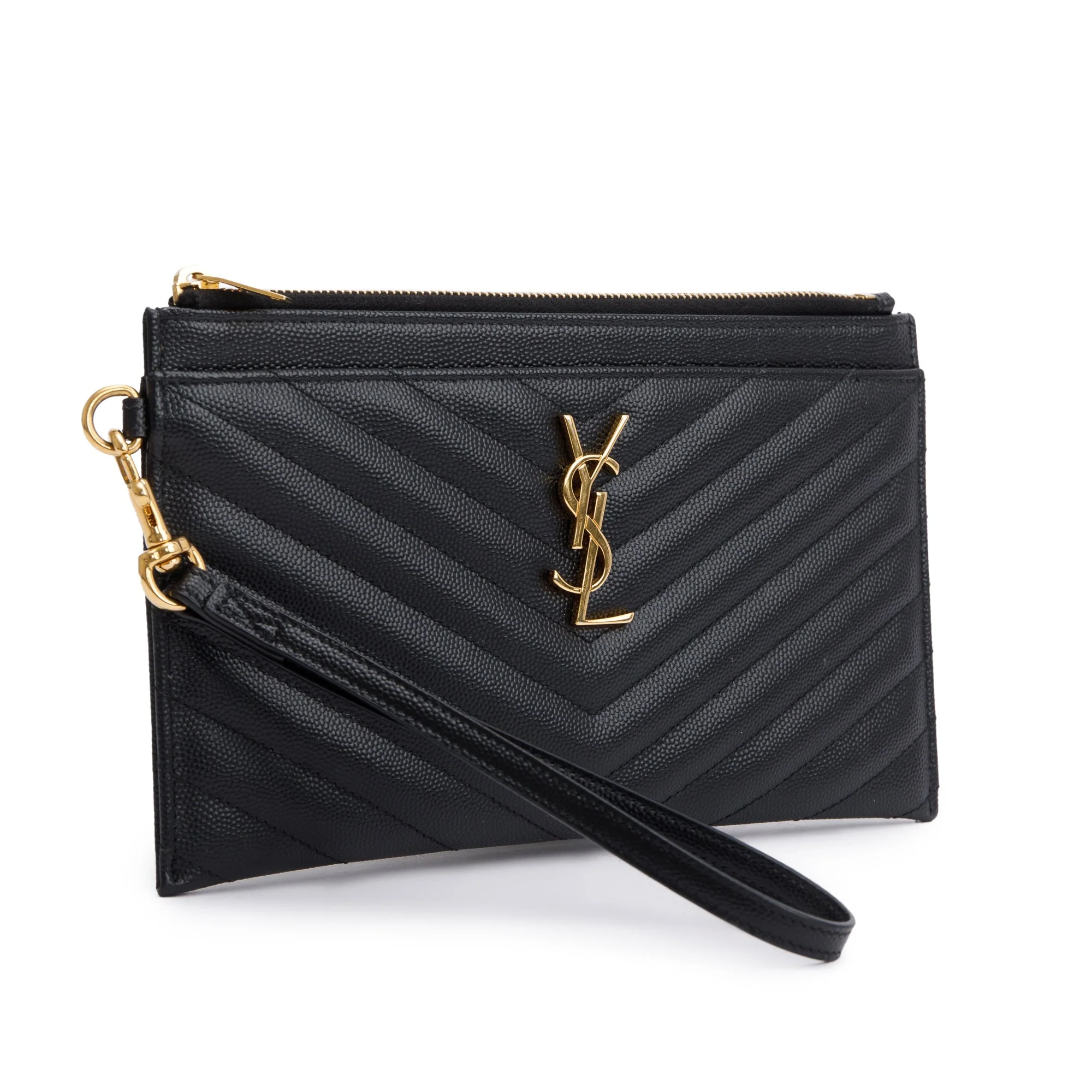 Saint Laurent Black Grain De Poudre Leather Cassandre Matelasse Large Zipped Pouch w/ Stap & Box - Image 3