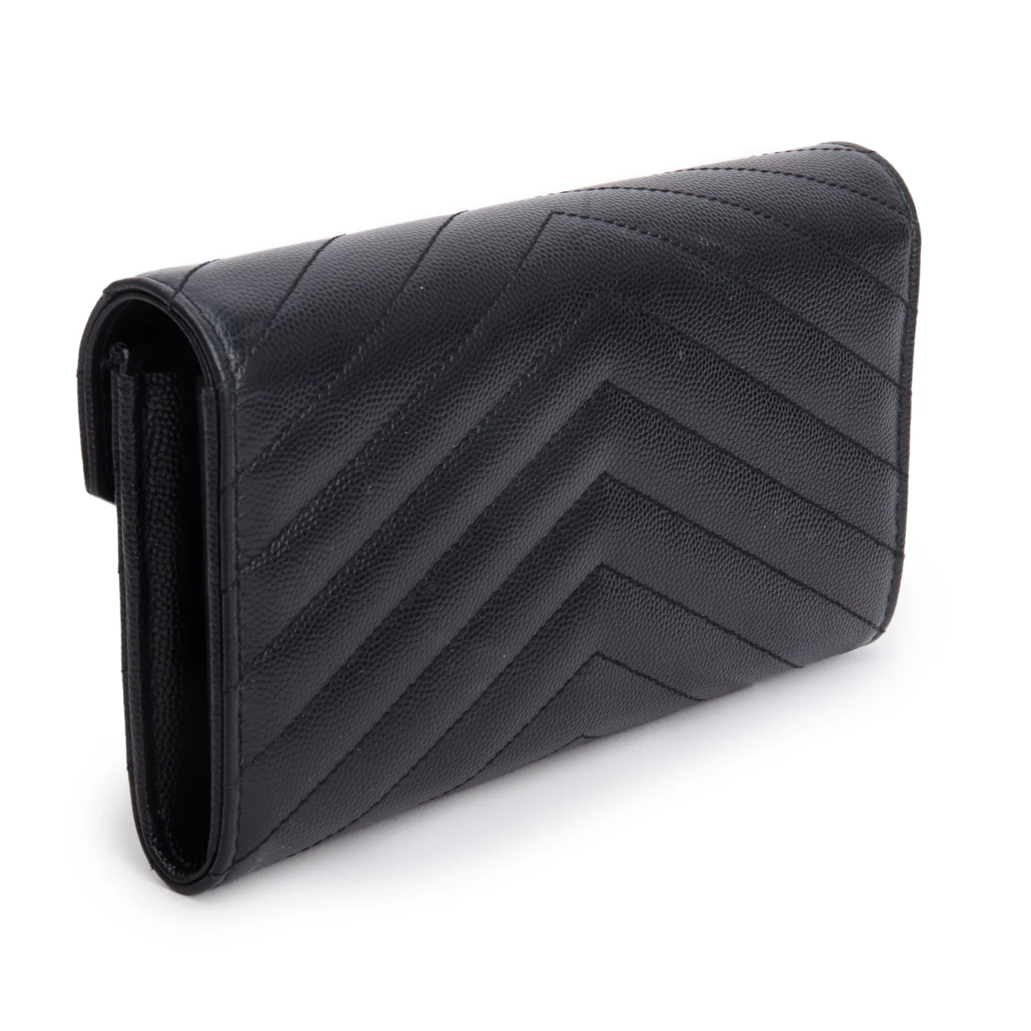 Saint Laurent Black Grain de Poudre Matelasse Chevron Monogram Flap Wallet - Image 4