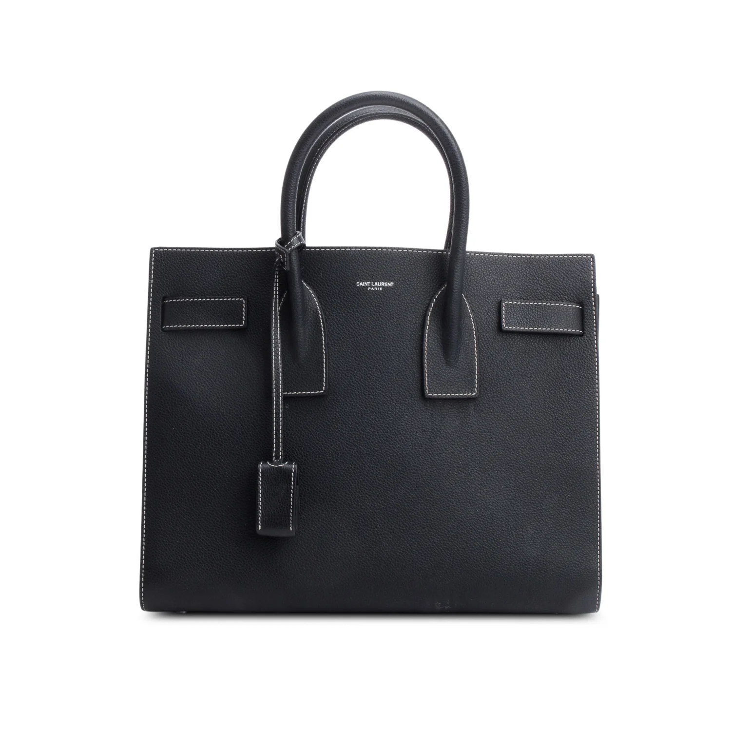 Saint Laurent Black Grained De Poudre Calfskin Leather Topstitch Small Sac De Jour Tote