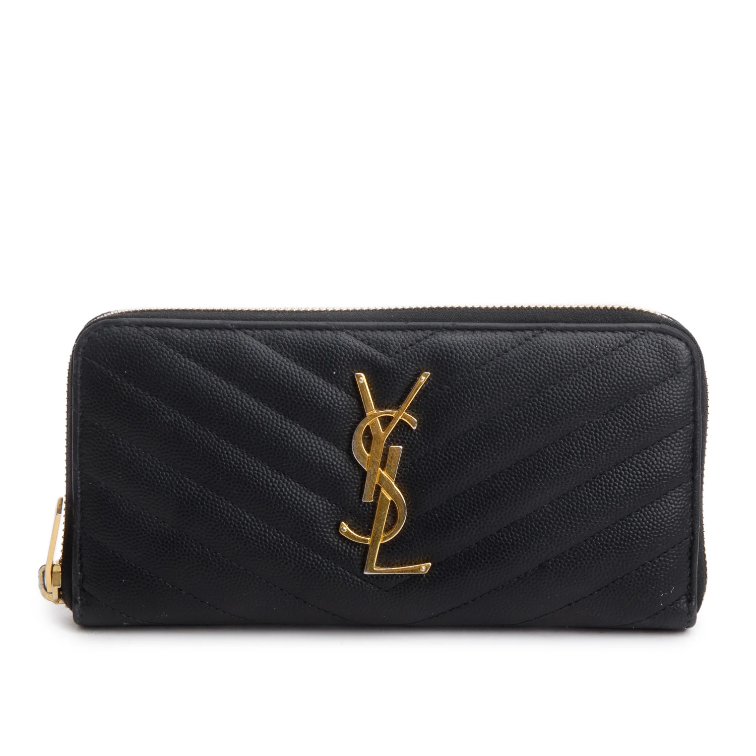 Saint Laurent Black Grained De Poudre Cassandre Matelasse Zip Around Wallet