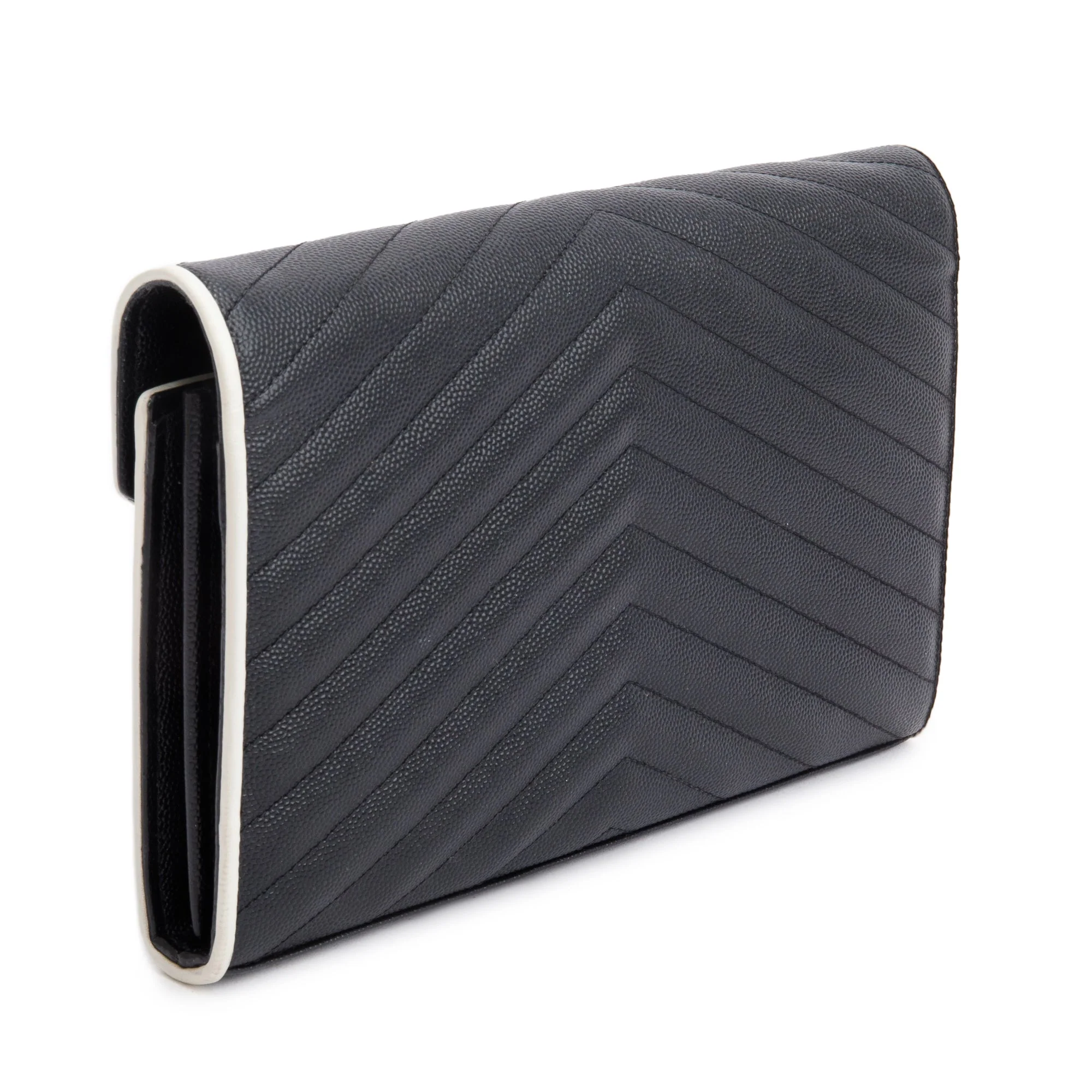 Saint Laurent Black Grained De Poudre White Contrast Trim Cassandre Matelasse Chain Wallet - Image 6