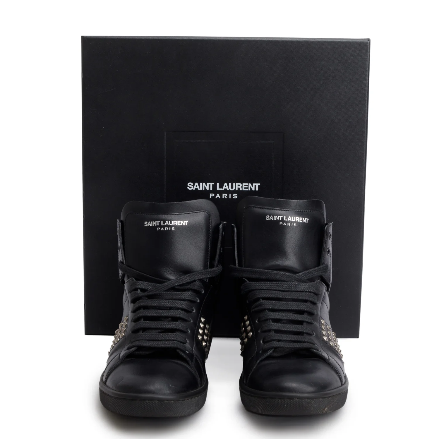 Saint Laurent Black Leather Studded High Top Sneakers, Size 37 w/ Box - Image 2