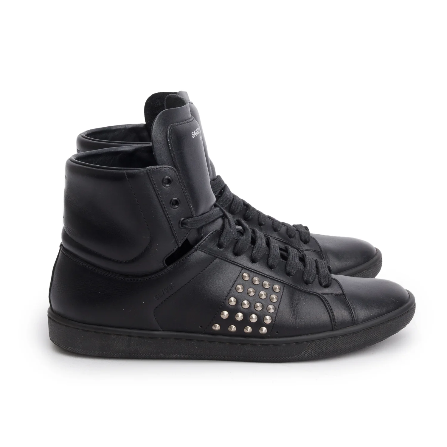 Saint Laurent Black Leather Studded High Top Sneakers, Size 37 w/ Box - Image 3