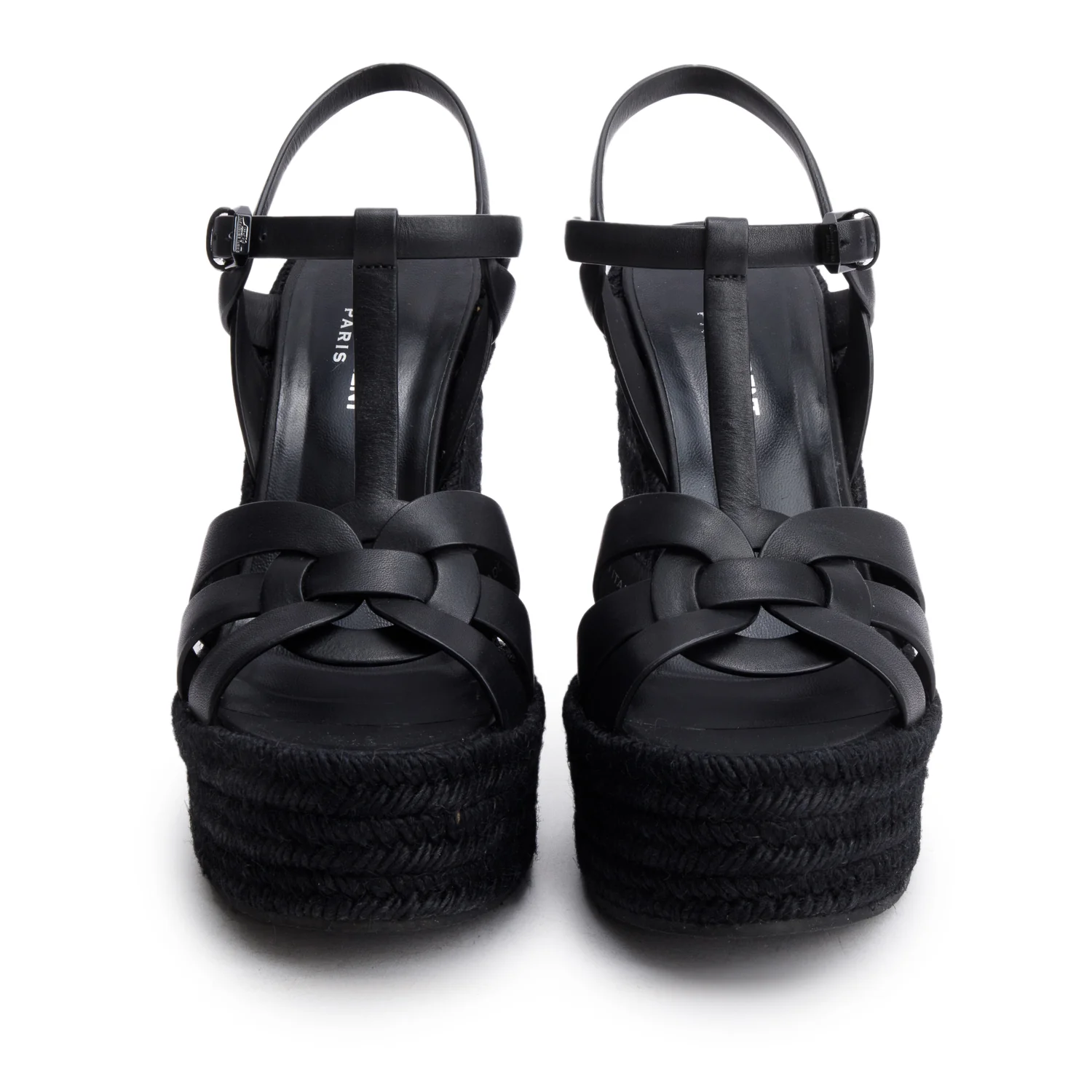Saint Laurent Black Leather Tribute Espadrilles Wedge Sandals, Size 38 w/ Box