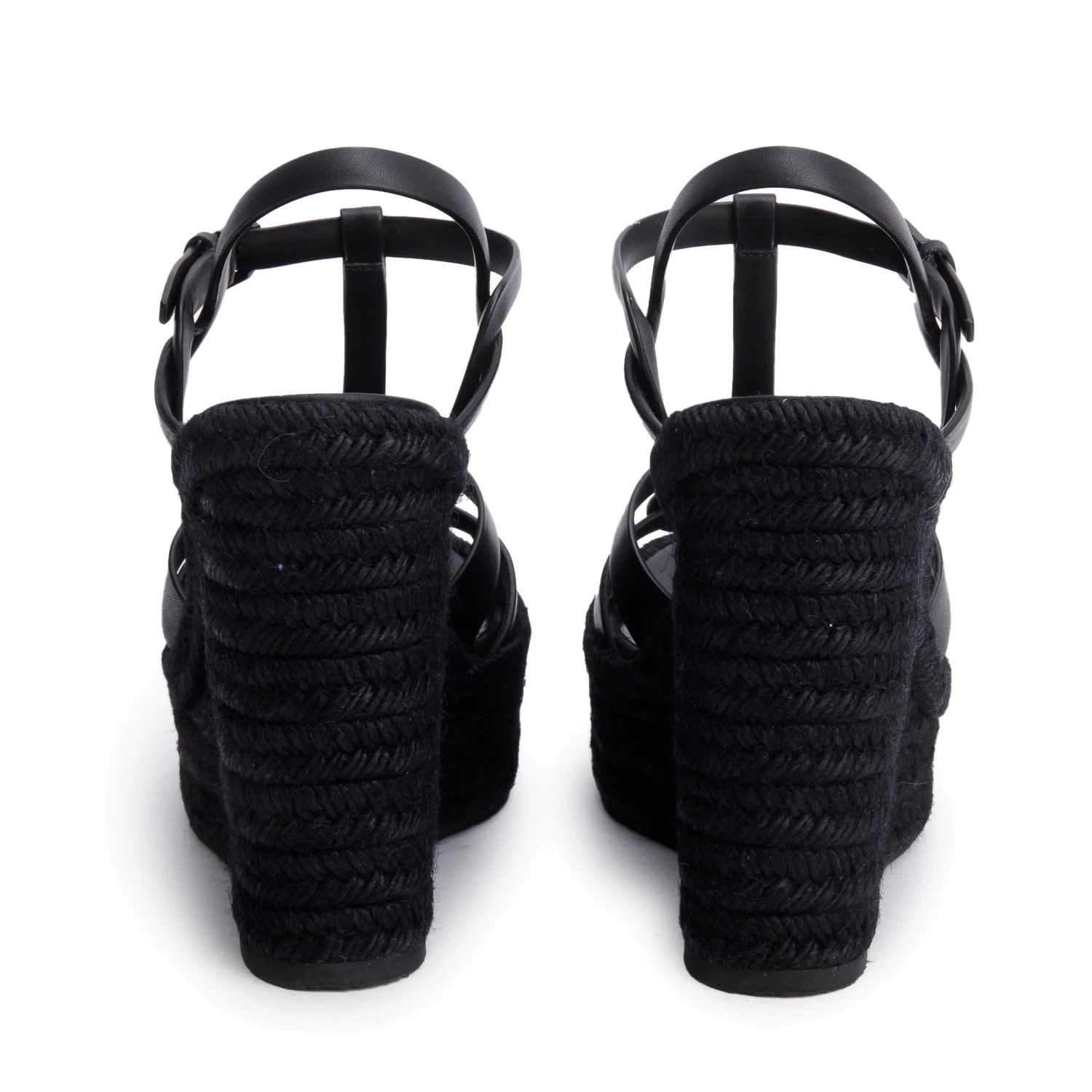 Saint Laurent Black Leather Tribute Espadrilles Wedge Sandals, Size 38 w/ Box - Image 5