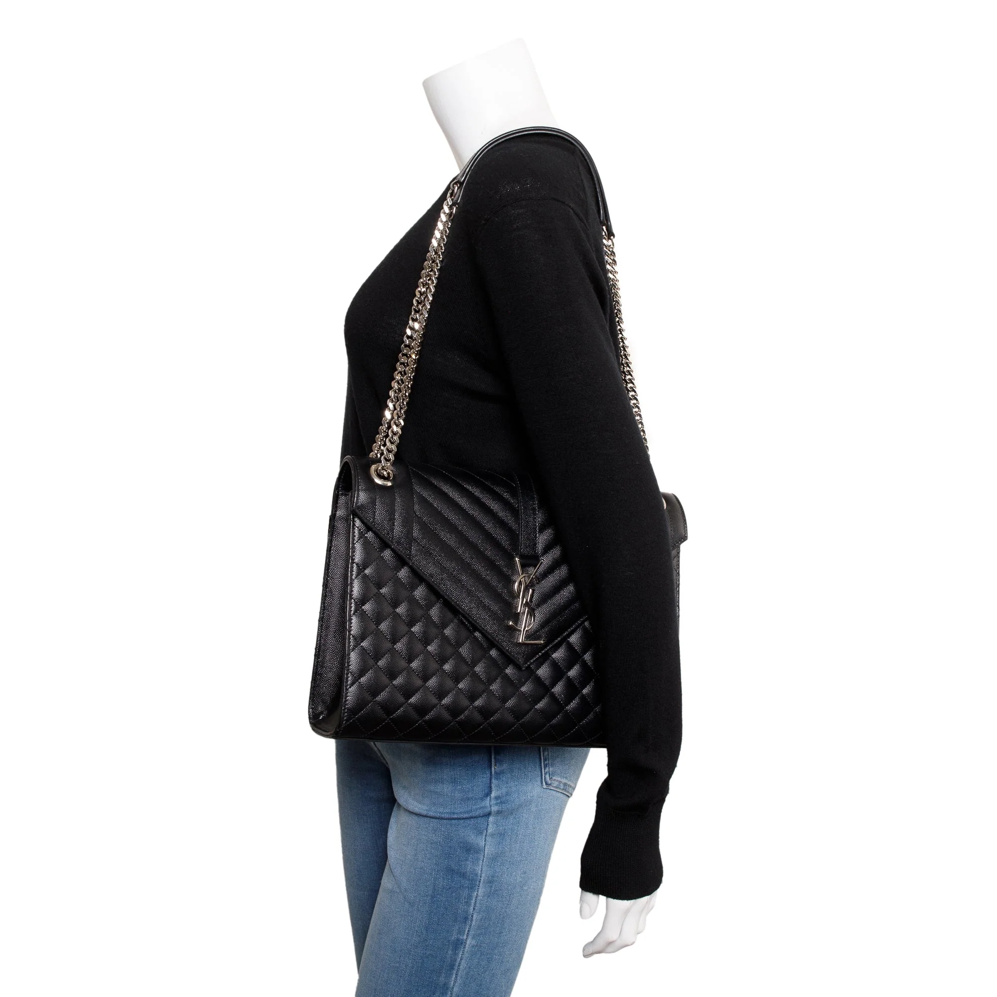 Saint Laurent Black Quilted Grain De Poudre Leather Large Envelope Chain Bag - Image 2