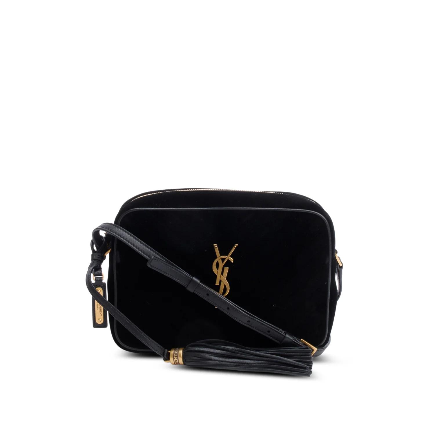 Saint Laurent Black Velvet Medium Lou Chevron Camera Bag w/ Box