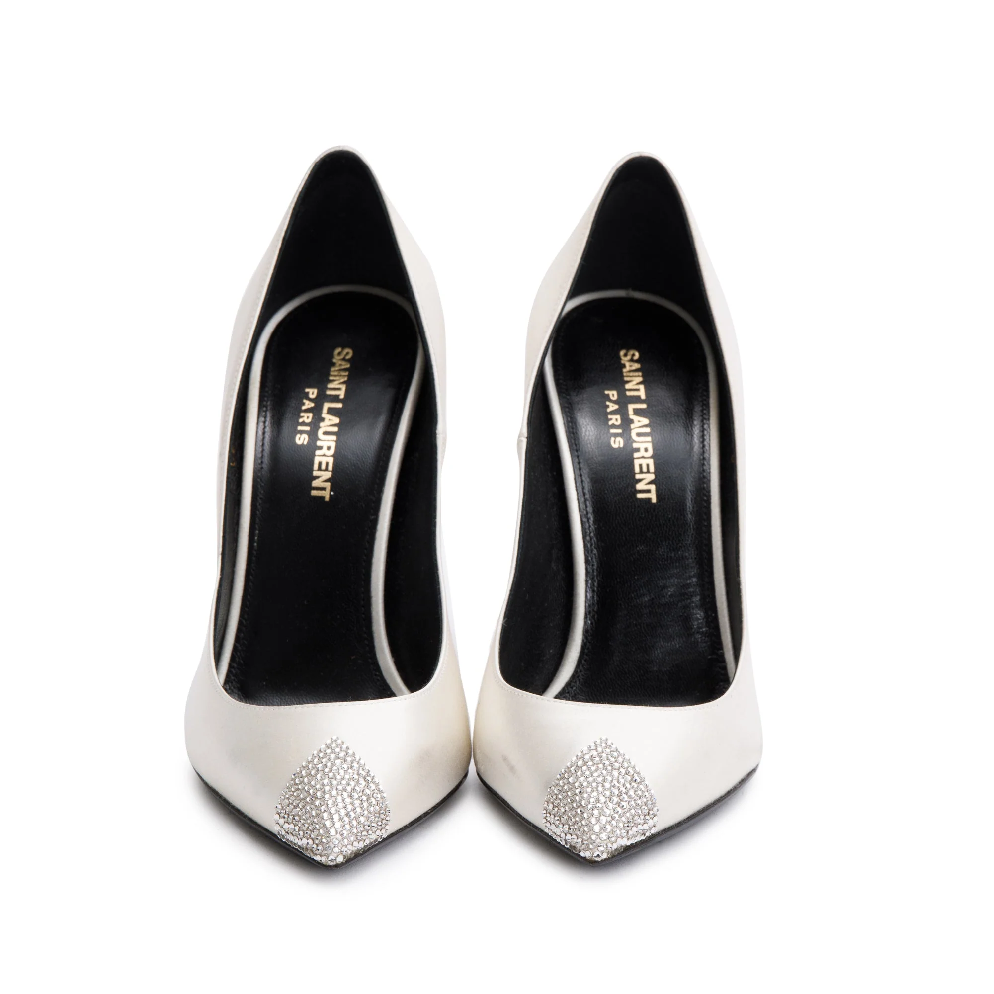 Saint Laurent Blanc Optic Satin Crystal Tower 110 Pumps, Size 36 w/ Box