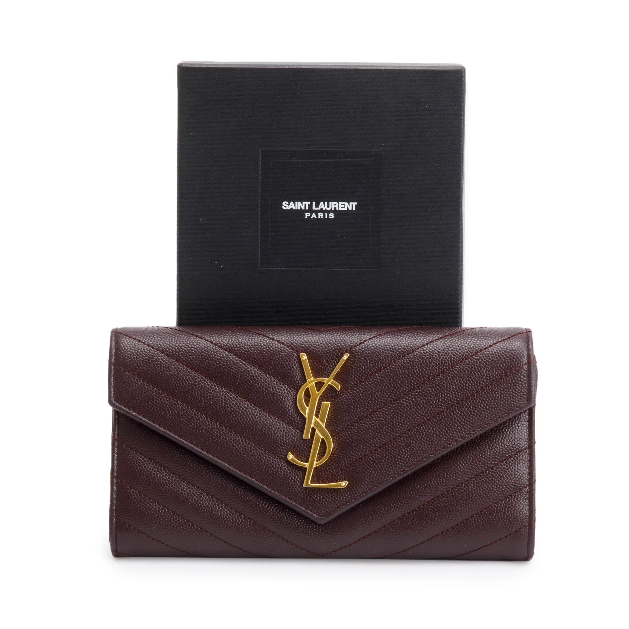 Saint Laurent Burgundy Grain De Poure Cassandre Matelasse Large Flap Wallet w/ Box - Image 2