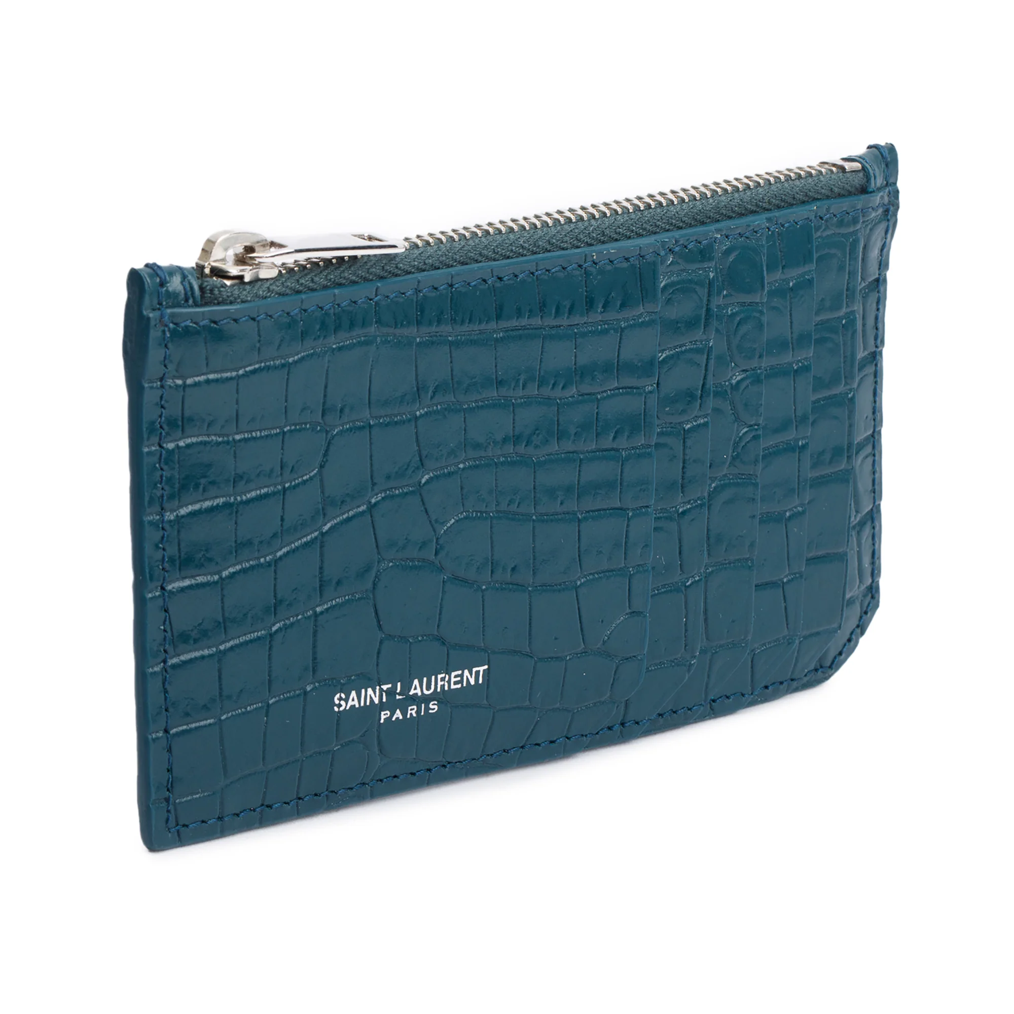 Saint Laurent Green Crocodile-Embossed Leather Cassandre Fragments Zipped Card Case - Image 2