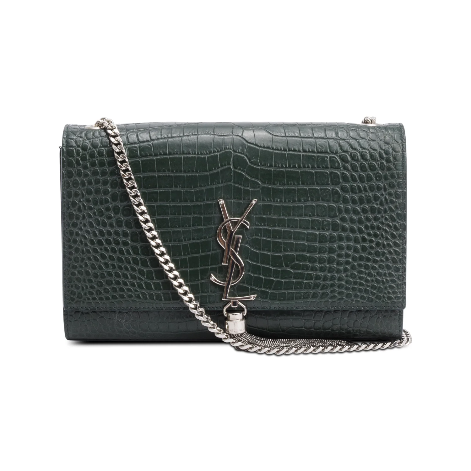 Saint Laurent Green Crocodile-Embossed Leather Medium Classic Monogram Kate Tassel Chain Bag