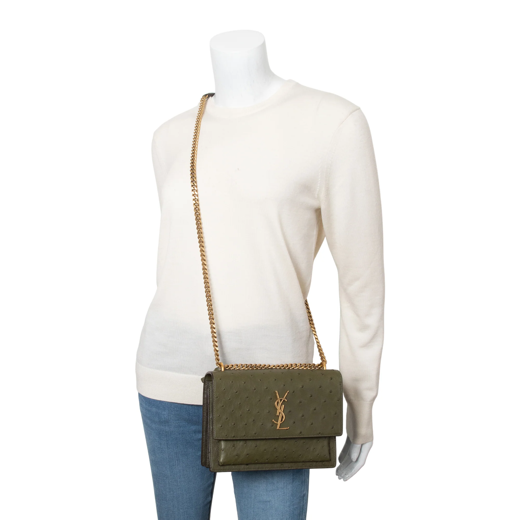 Saint Laurent Green Ostrich Medium Sunset Shoulder Bag - Image 2