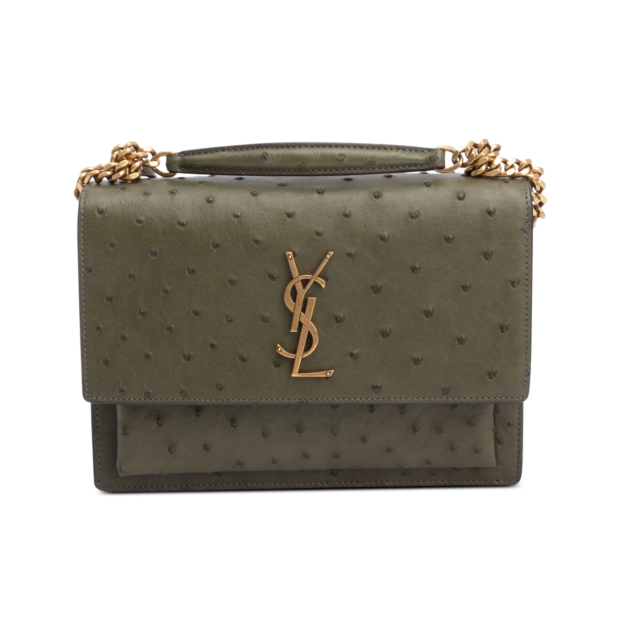 Saint Laurent Green Ostrich Medium Sunset Shoulder Bag - Image 3