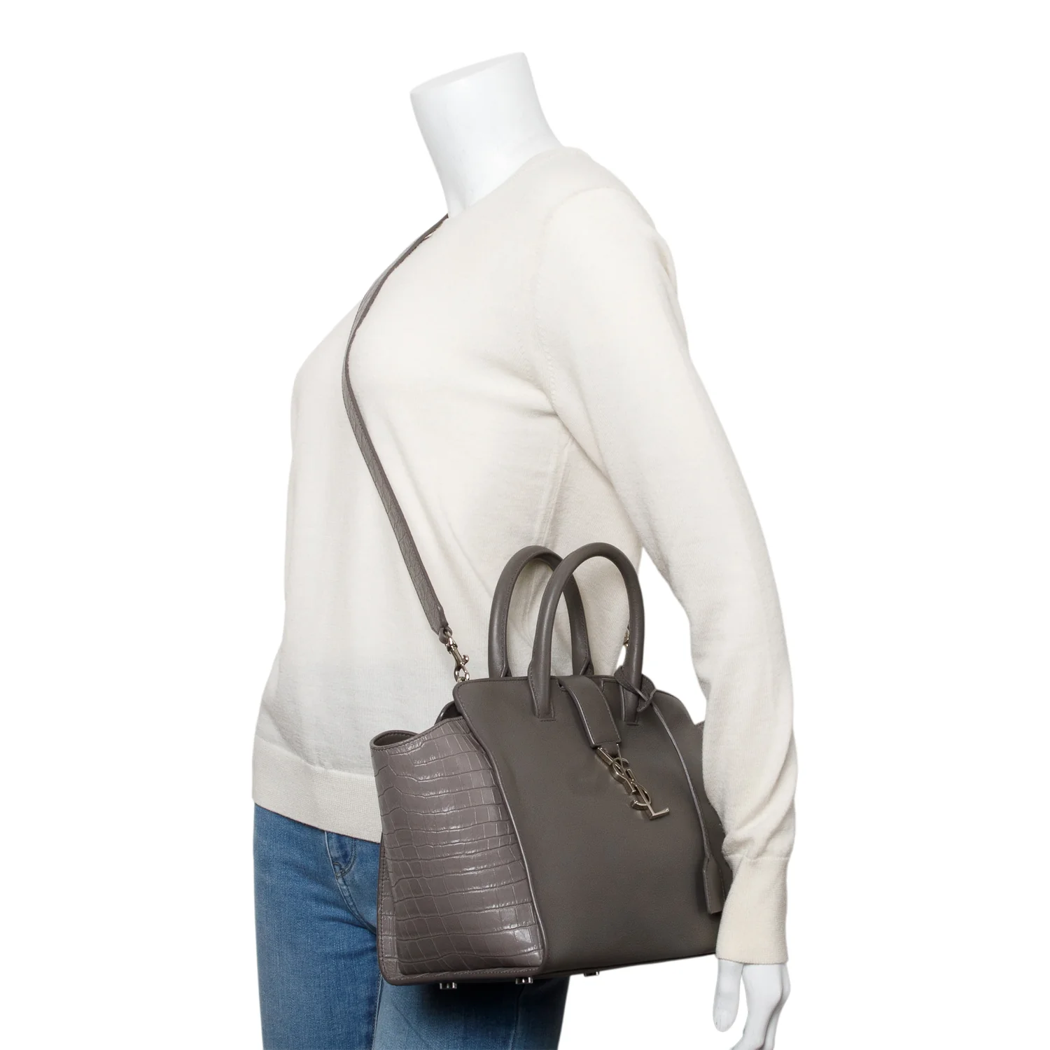 Saint Laurent Grey Calfskin and Croc Embossed Leather Downtown Baby Cabas Tote Bag w/ Strap - Image 2